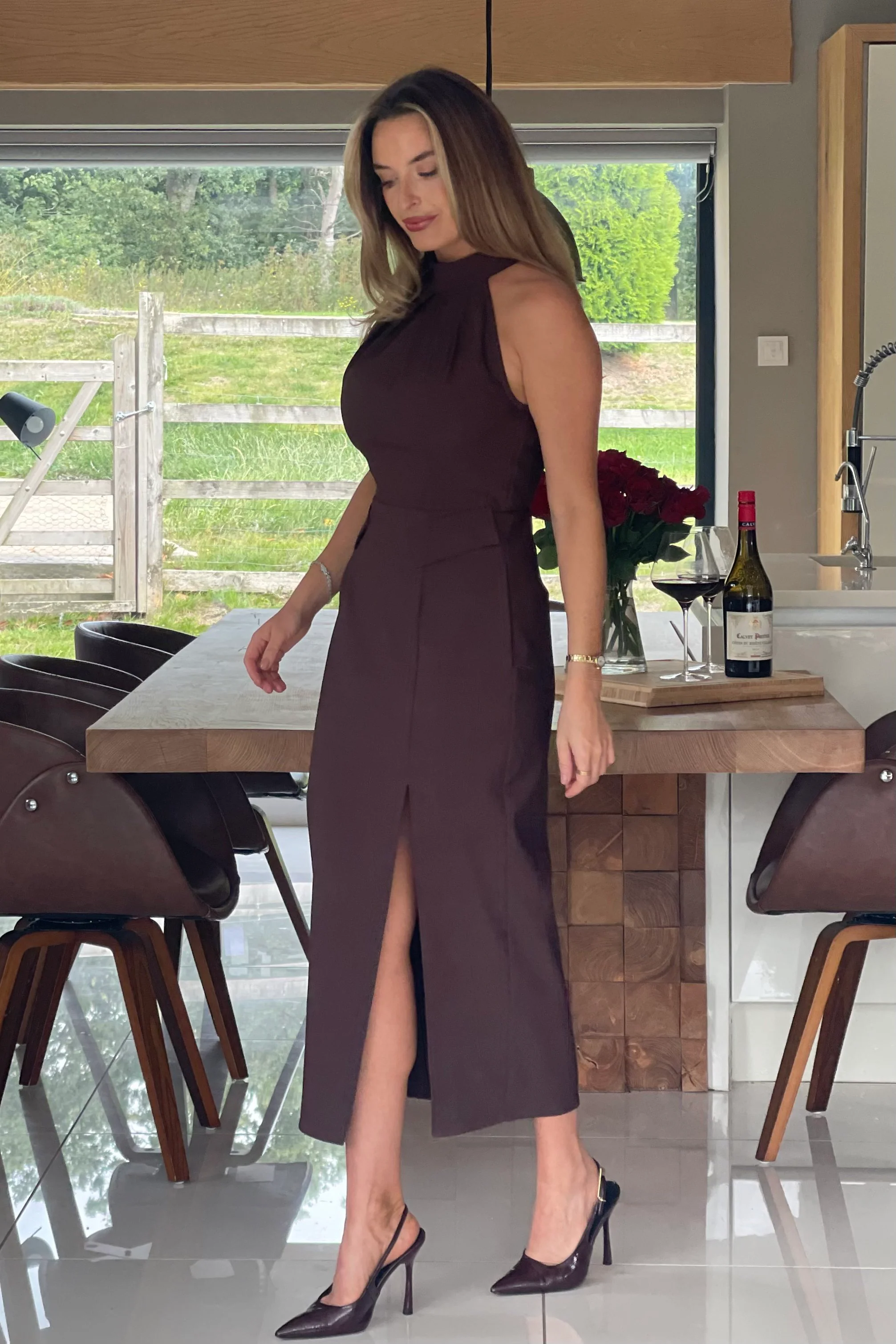 Eris Pocket Detail High Neck Midi Dress Brown - Image 5