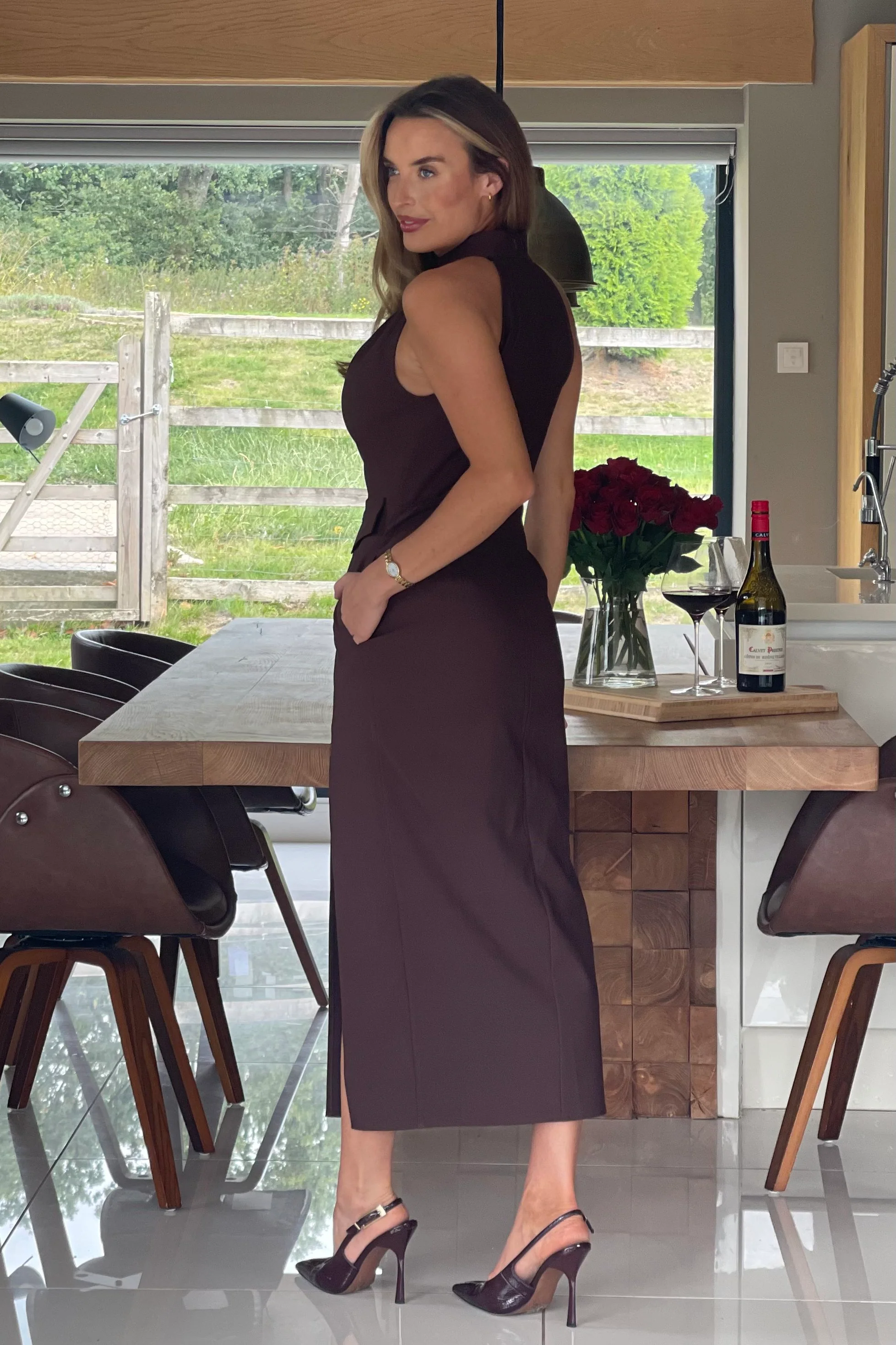 Eris Pocket Detail High Neck Midi Dress Brown - Image 6
