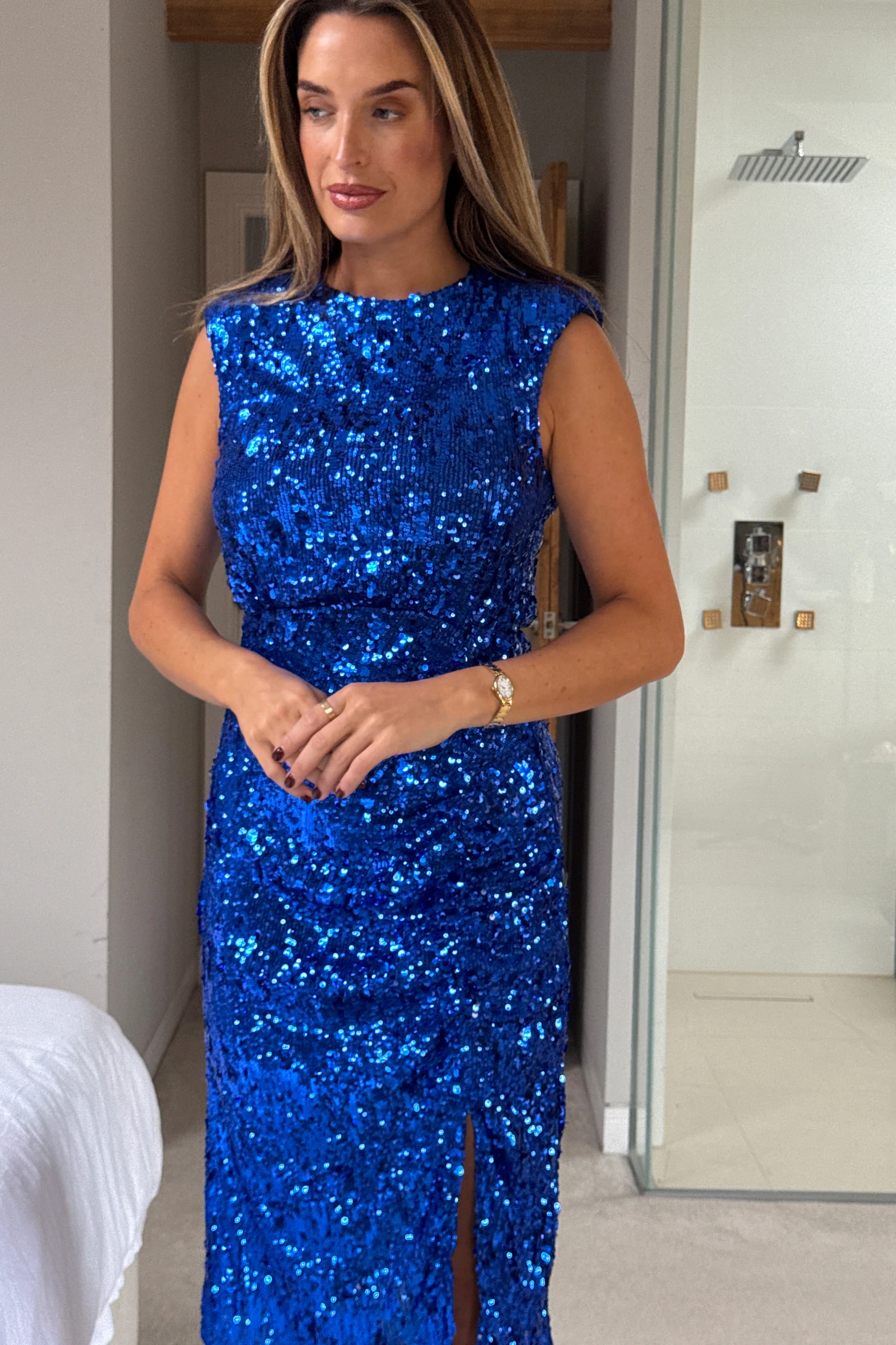 Estelle Cobalt Sequin Ruched Midi Dress - Image 2