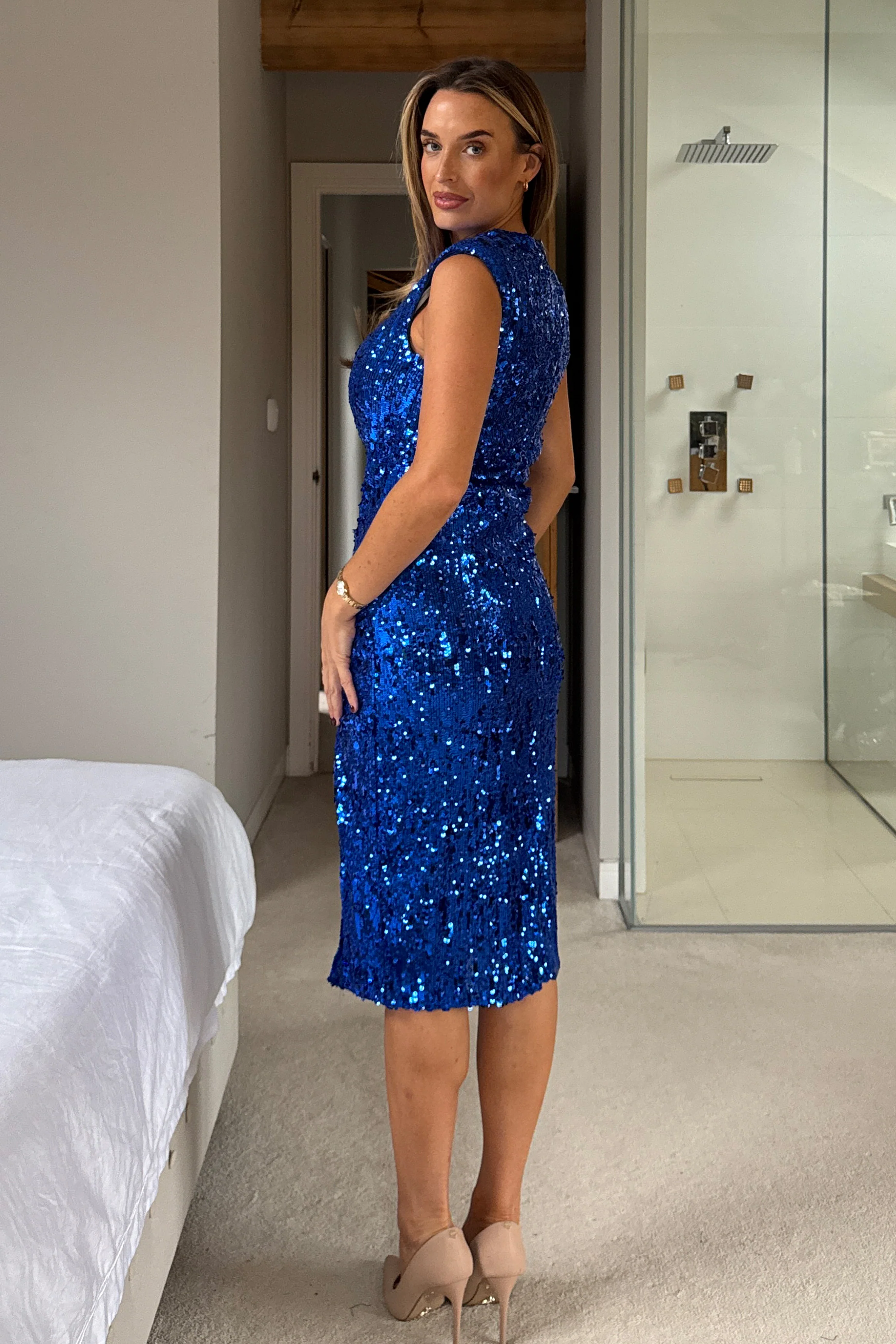 Estelle Cobalt Sequin Ruched Midi Dress - Image 4