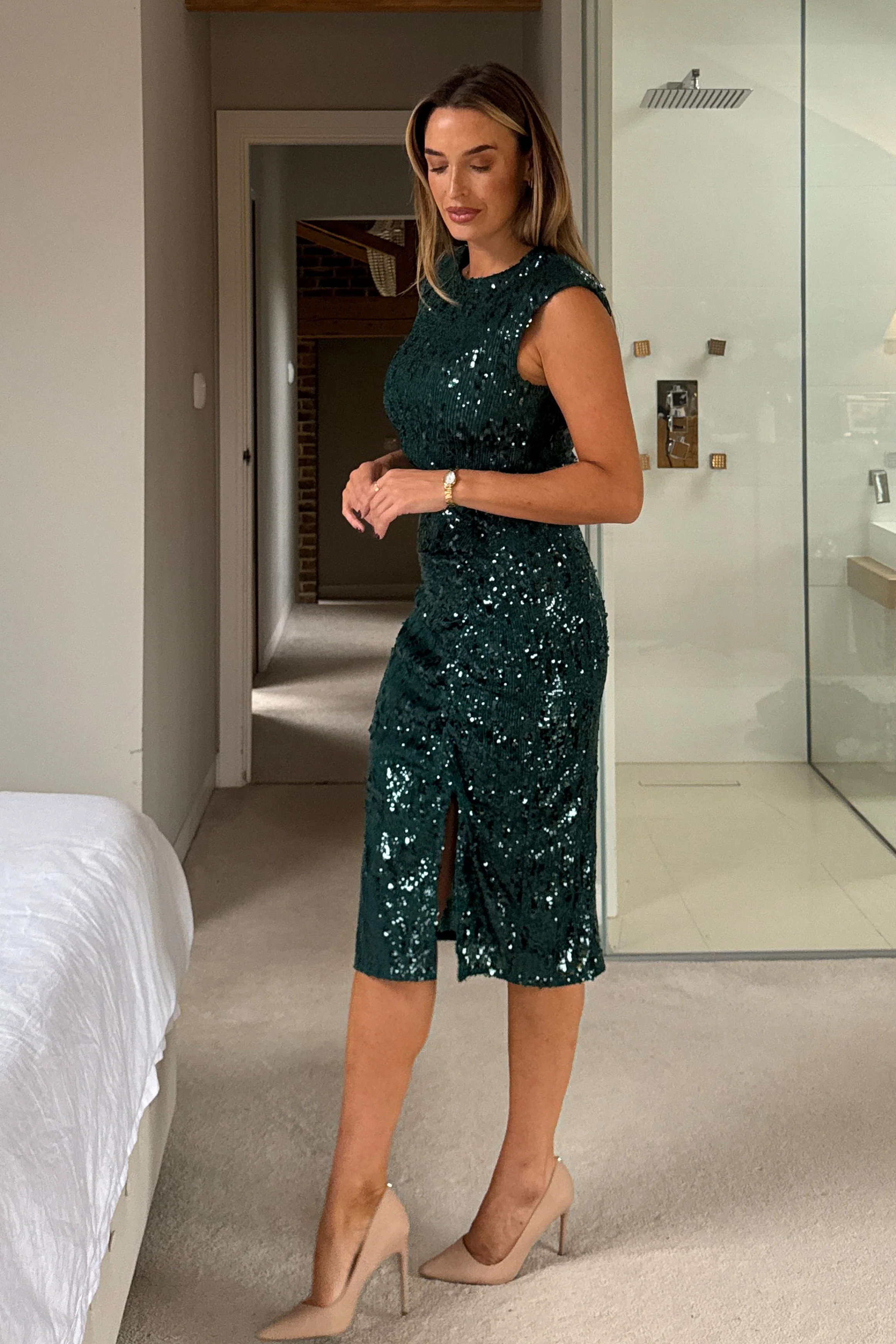 Estelle Green Sequin Ruched Midi Dress - Image 4