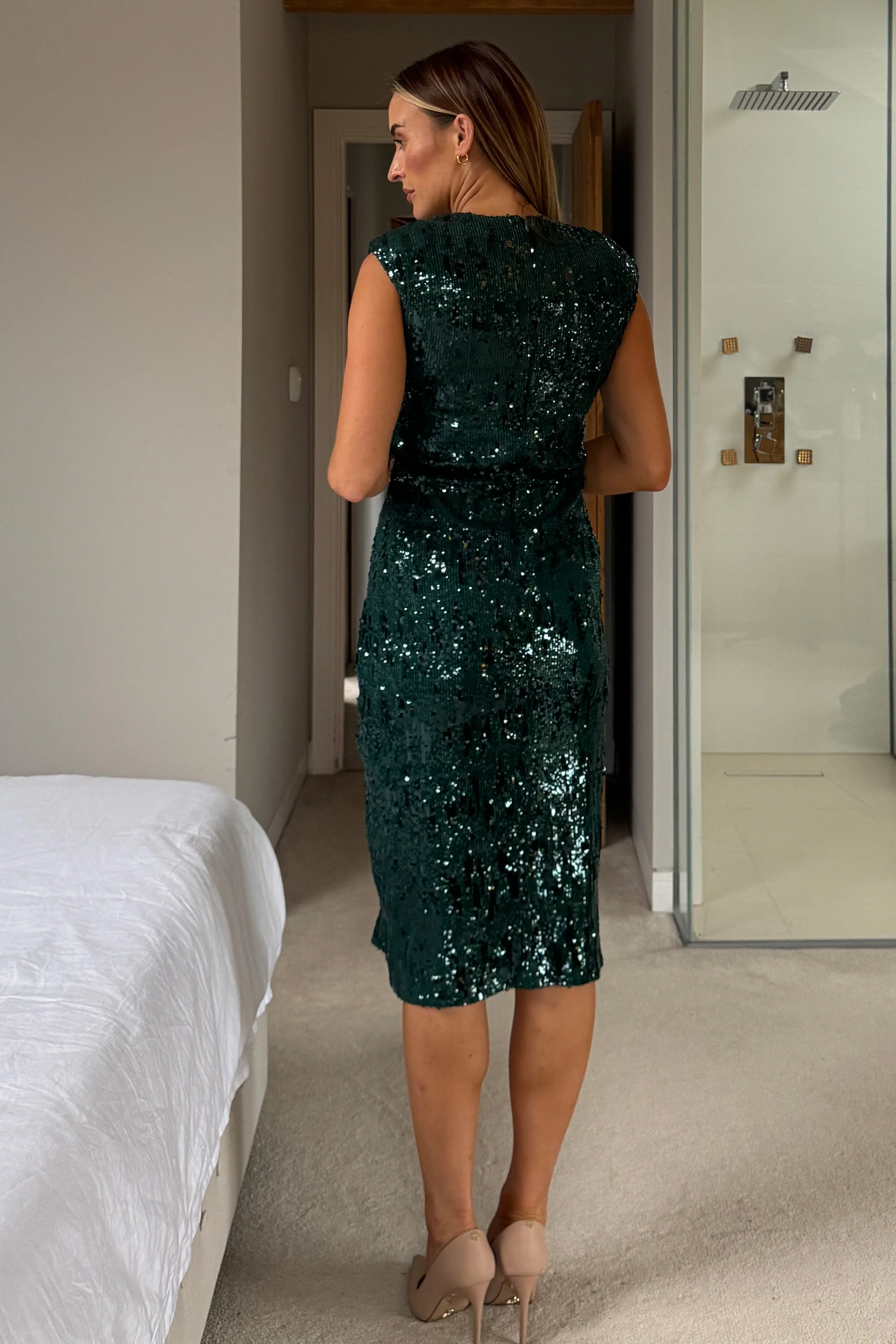 Estelle Green Sequin Ruched Midi Dress - Image 5