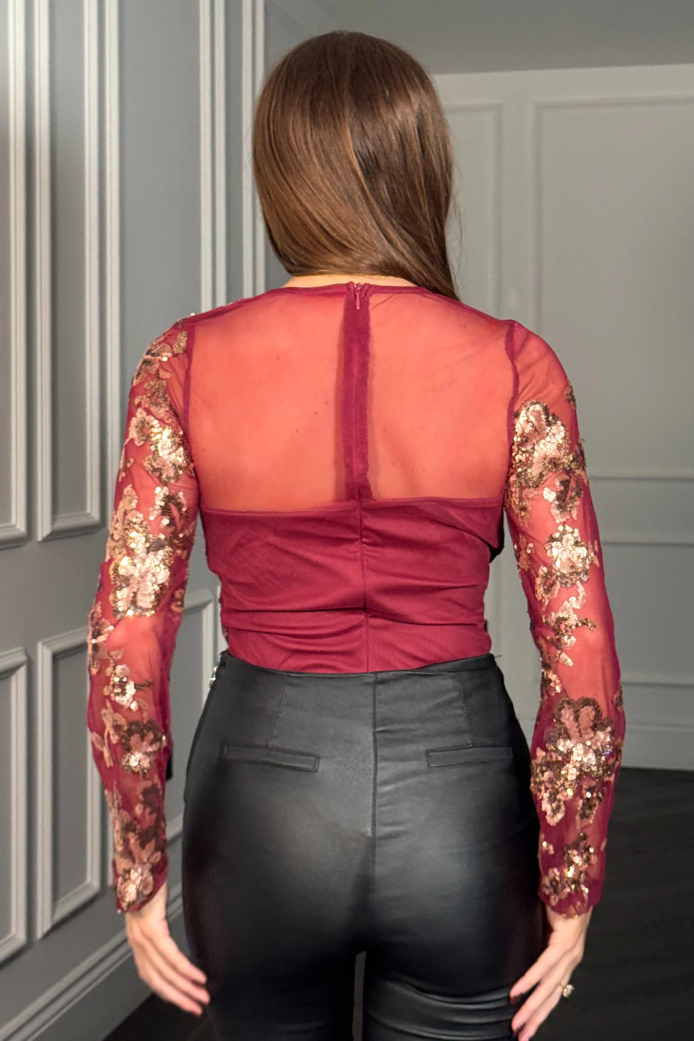 Eva Floral Sequin Bodysuit In Wine - Image 4