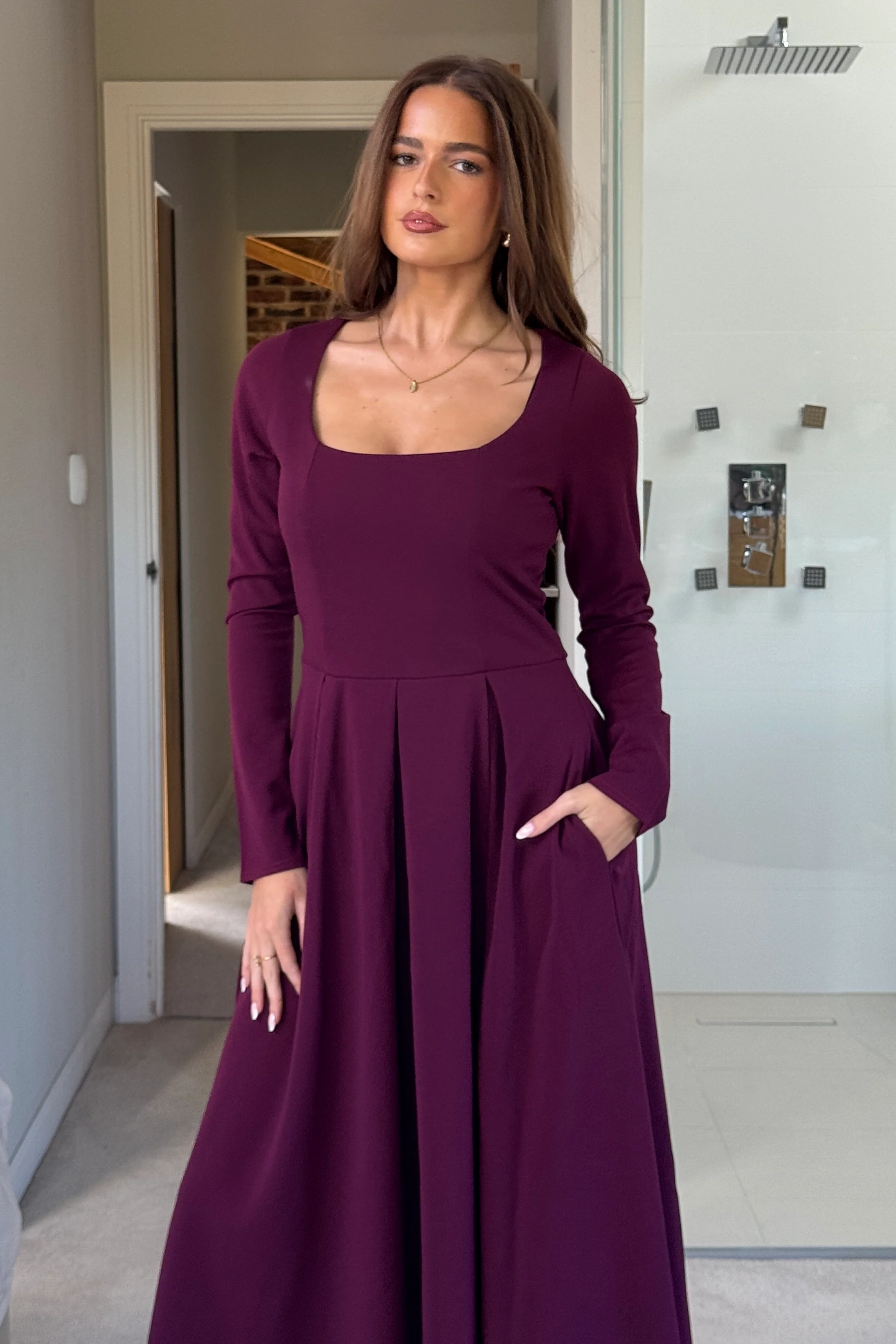 Evie Square Neck Long Sleeve Midi Dress Plum - Image 2