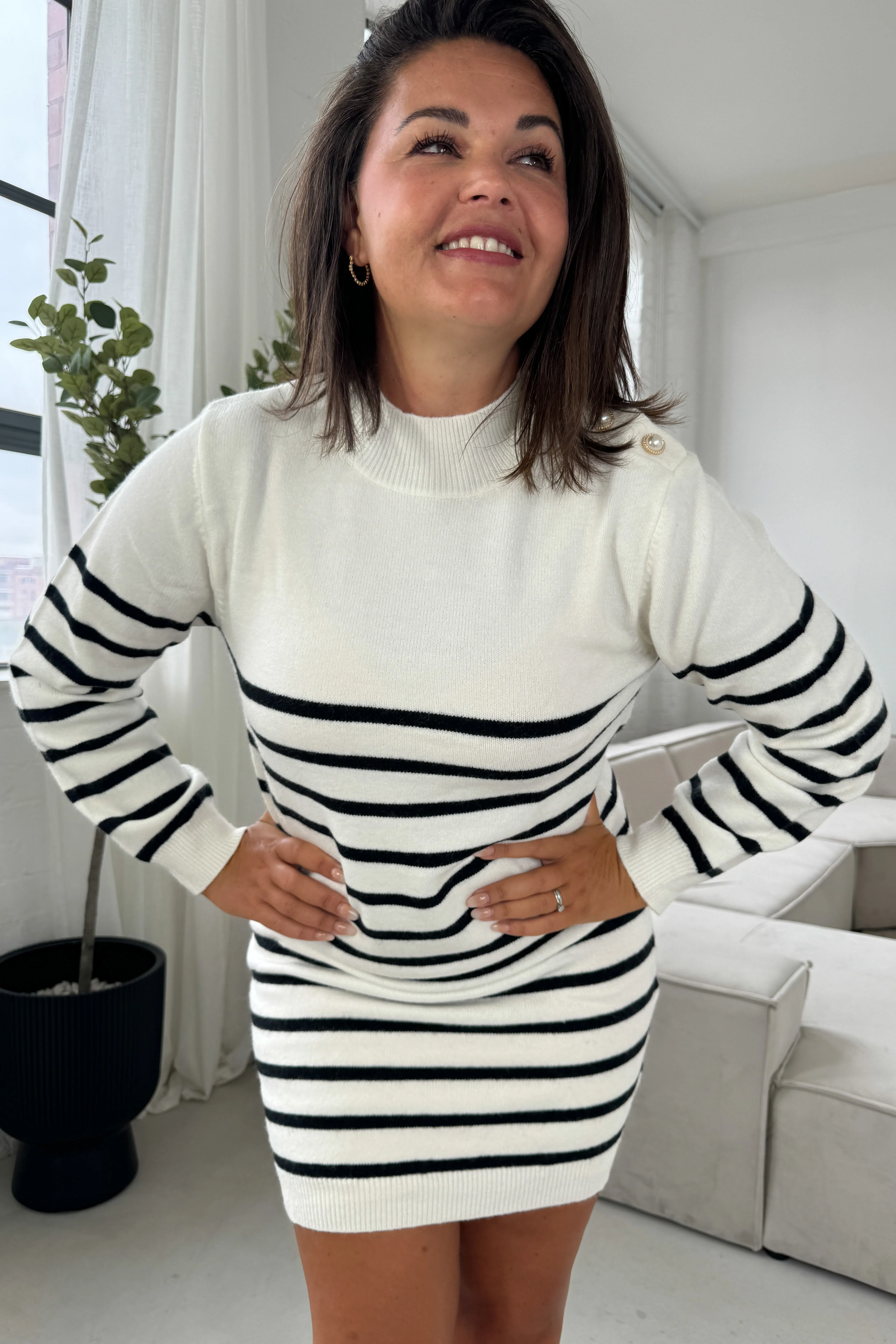 Fallon Cream with Black Stripe Knit Jumper Dress - Image 5