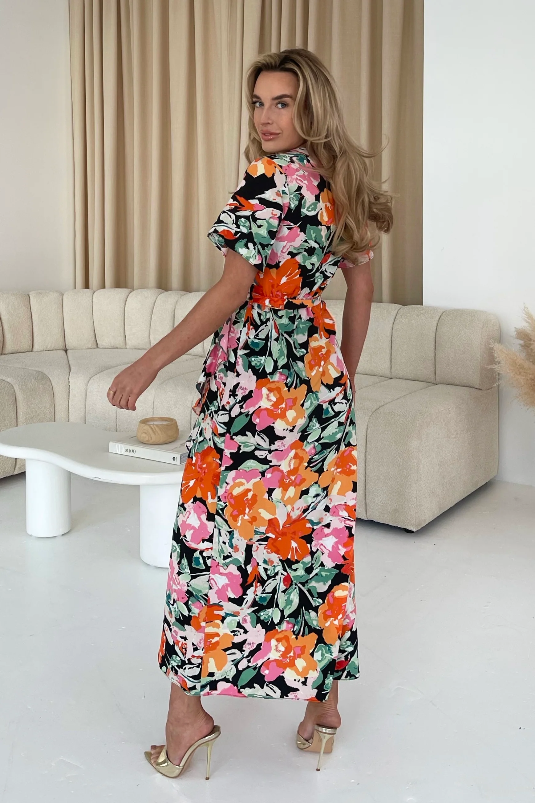 Farrah Orange Floral Split Hem Frill Detail Maxi Dress - Image 5