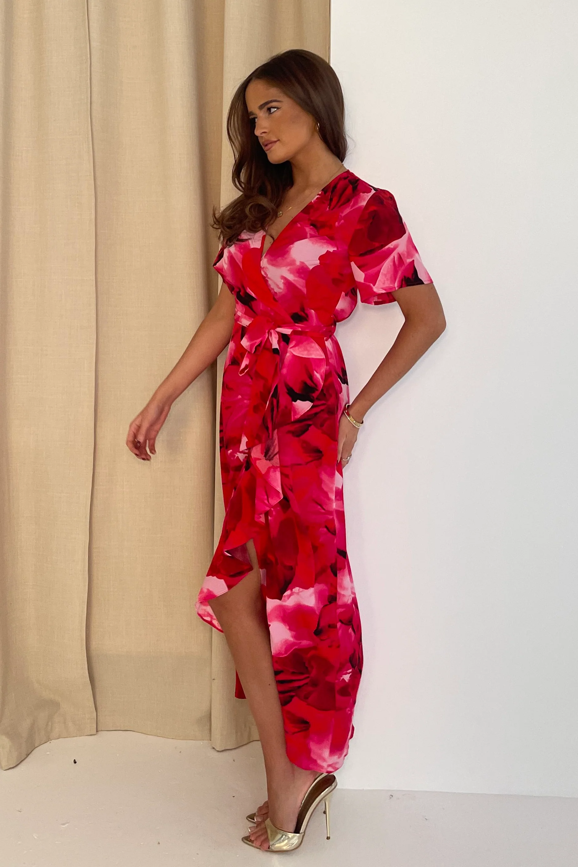Farrah Pink Floral Frill Detail Maxi Dress - Image 4