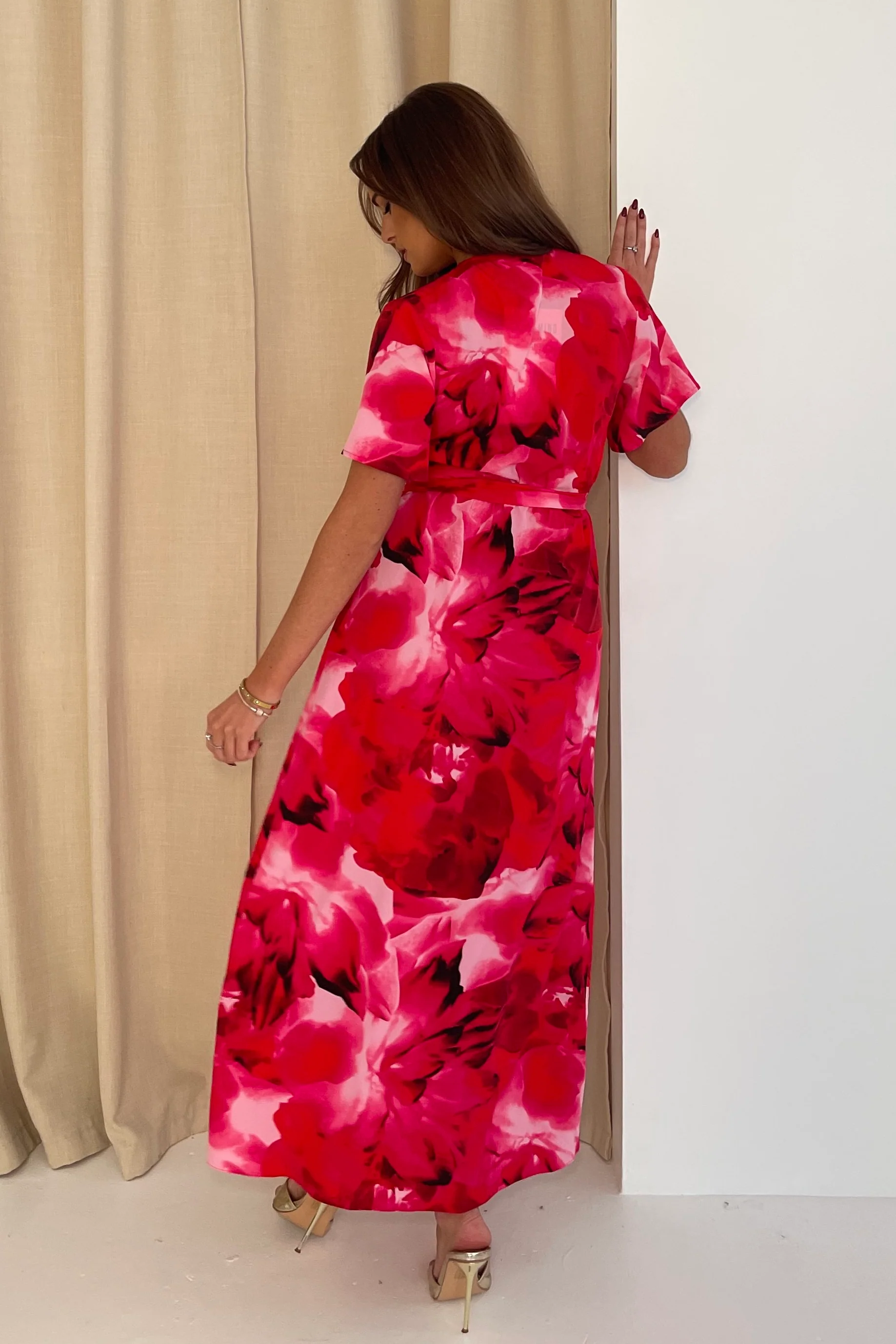 Farrah Pink Floral Frill Detail Maxi Dress - Image 5