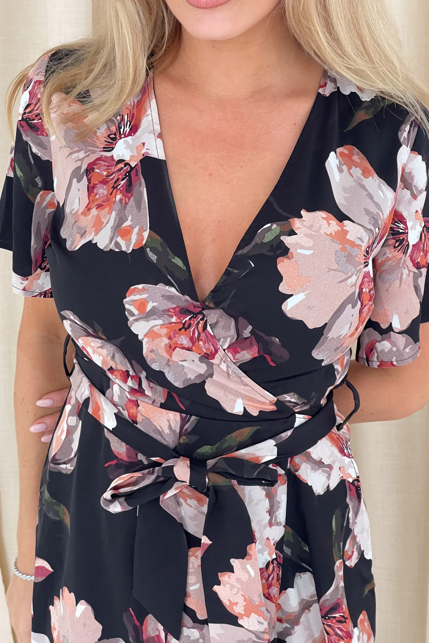 Farrah Split Hem Frill Detail Maxi Dress Black Floral - Image 2