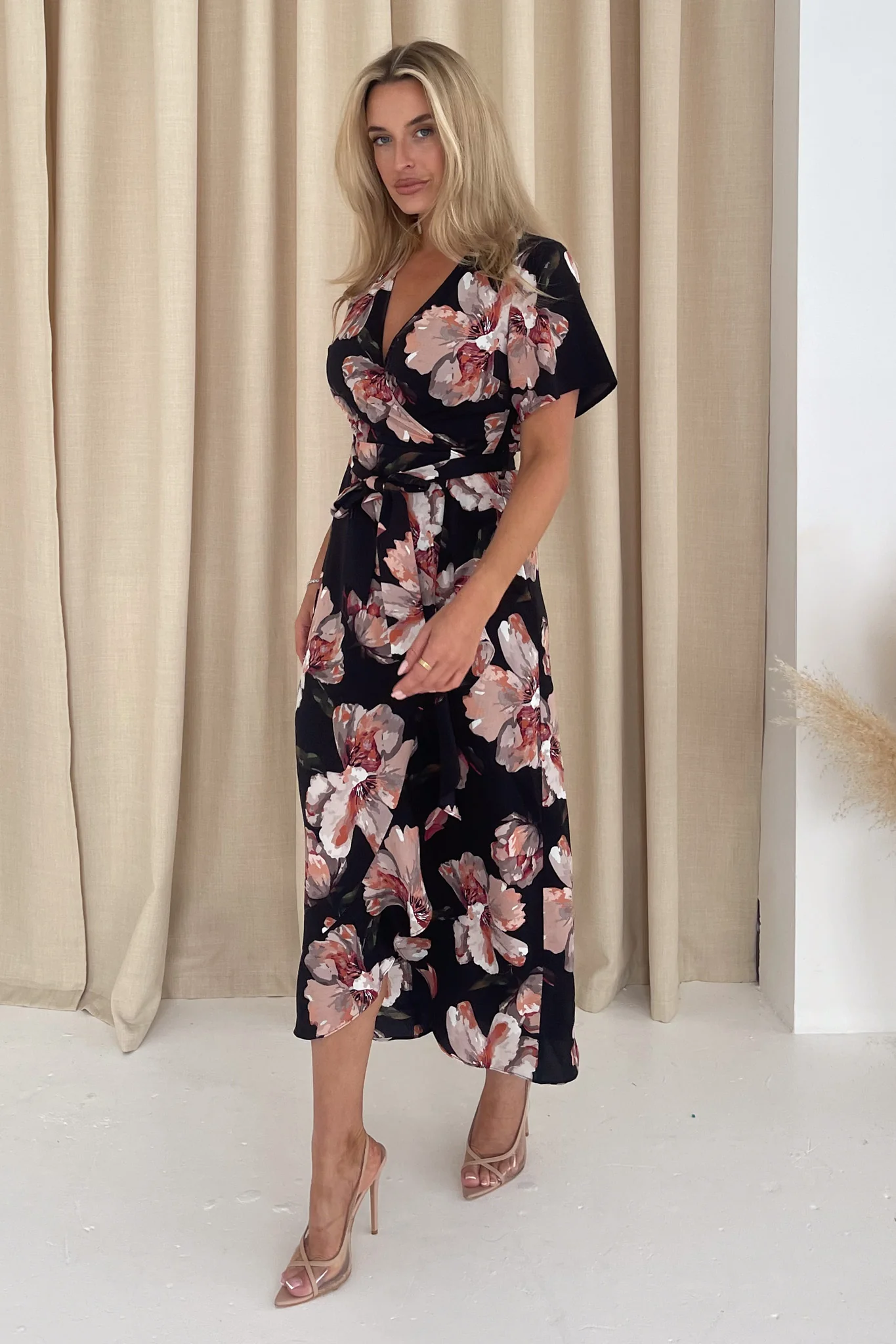 Farrah Split Hem Frill Detail Maxi Dress Black Floral - Image 3