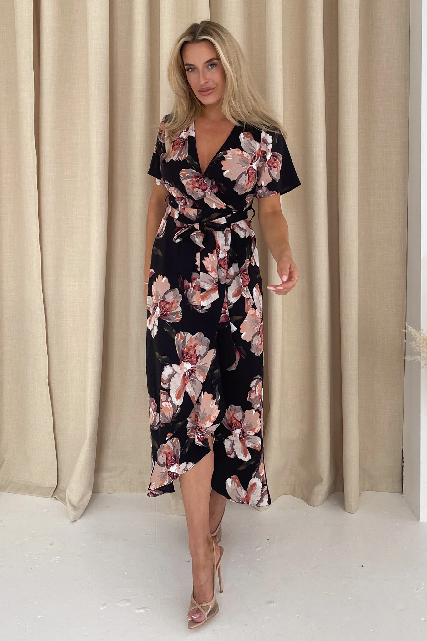 Farrah Split Hem Frill Detail Maxi Dress Black Floral - Image 4