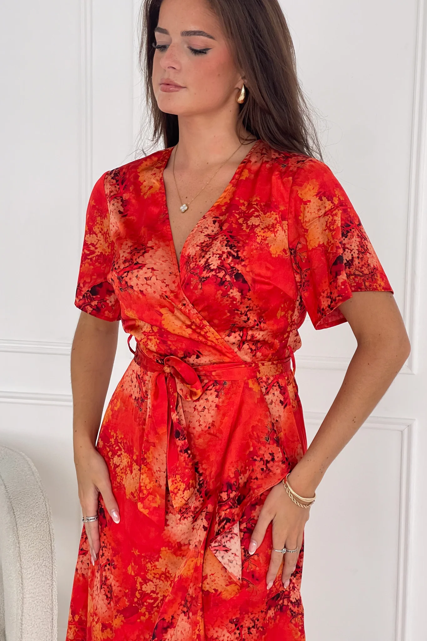 Farrah Split Hem Frill Detail Maxi Dress Orange - Image 2