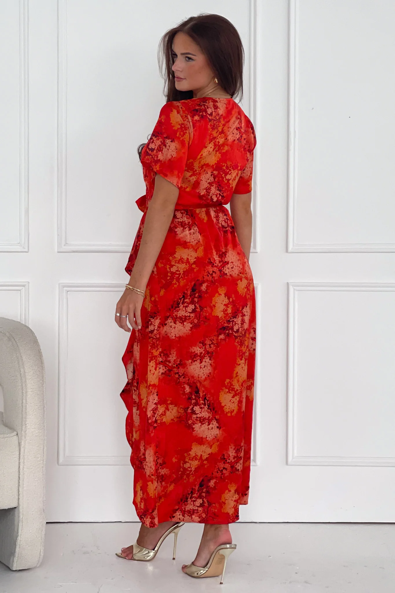Farrah Split Hem Frill Detail Maxi Dress Orange - Image 4