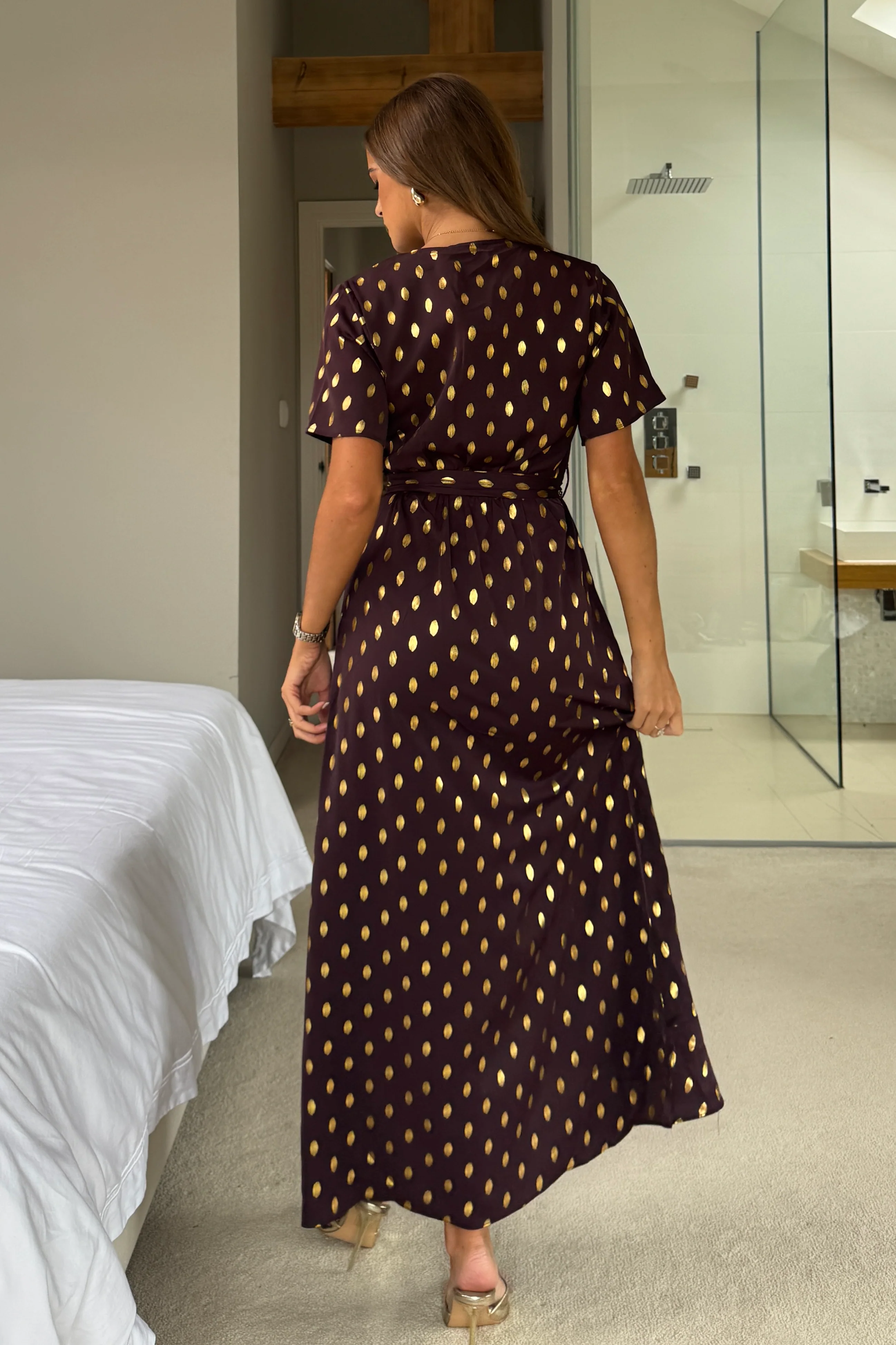 Farren Split Hem Frill Detail Maxi Dress Brown Foil - Image 4