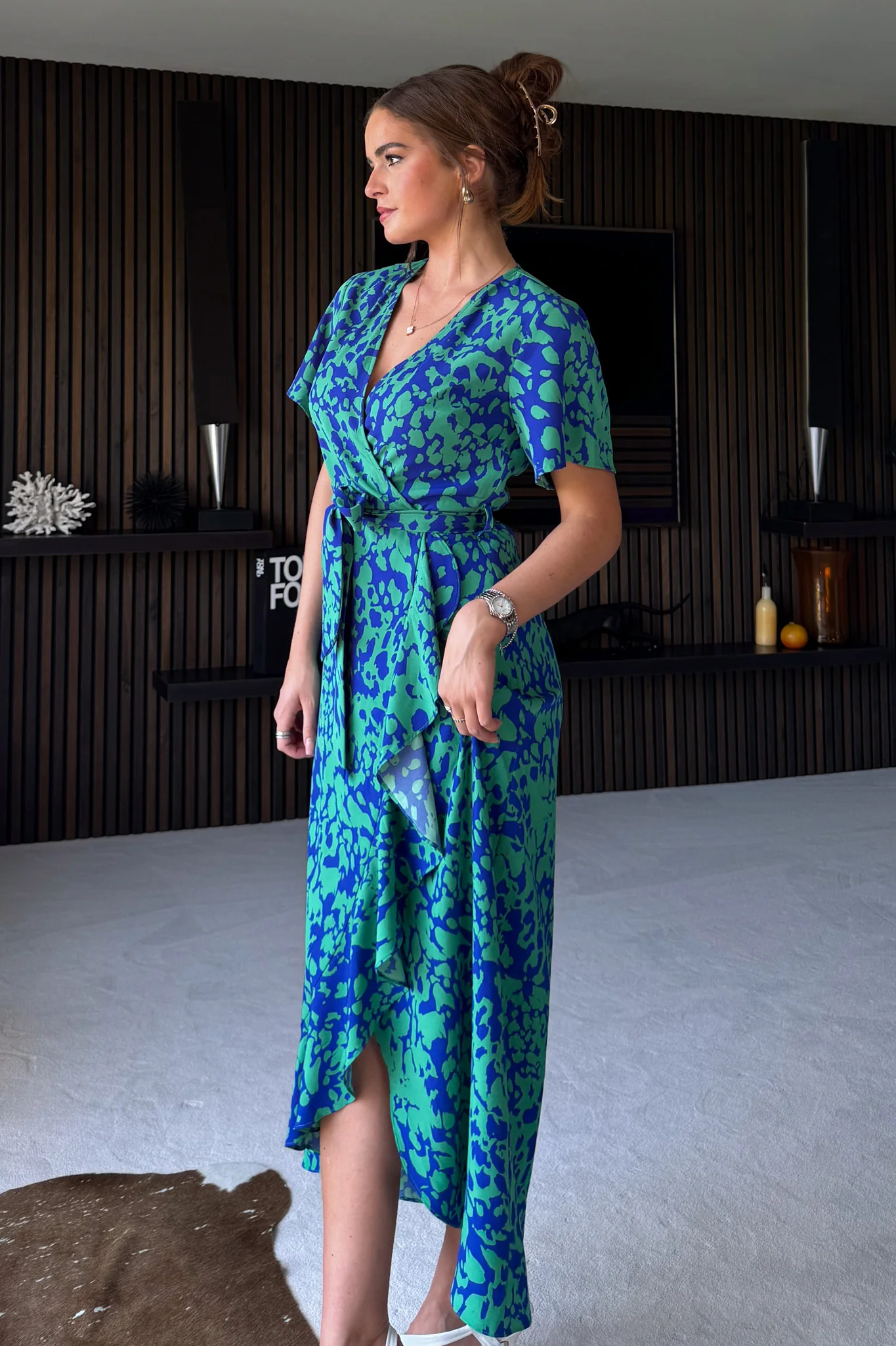 Farren Wrap Maxi Dress Green Blue Animal - Image 3