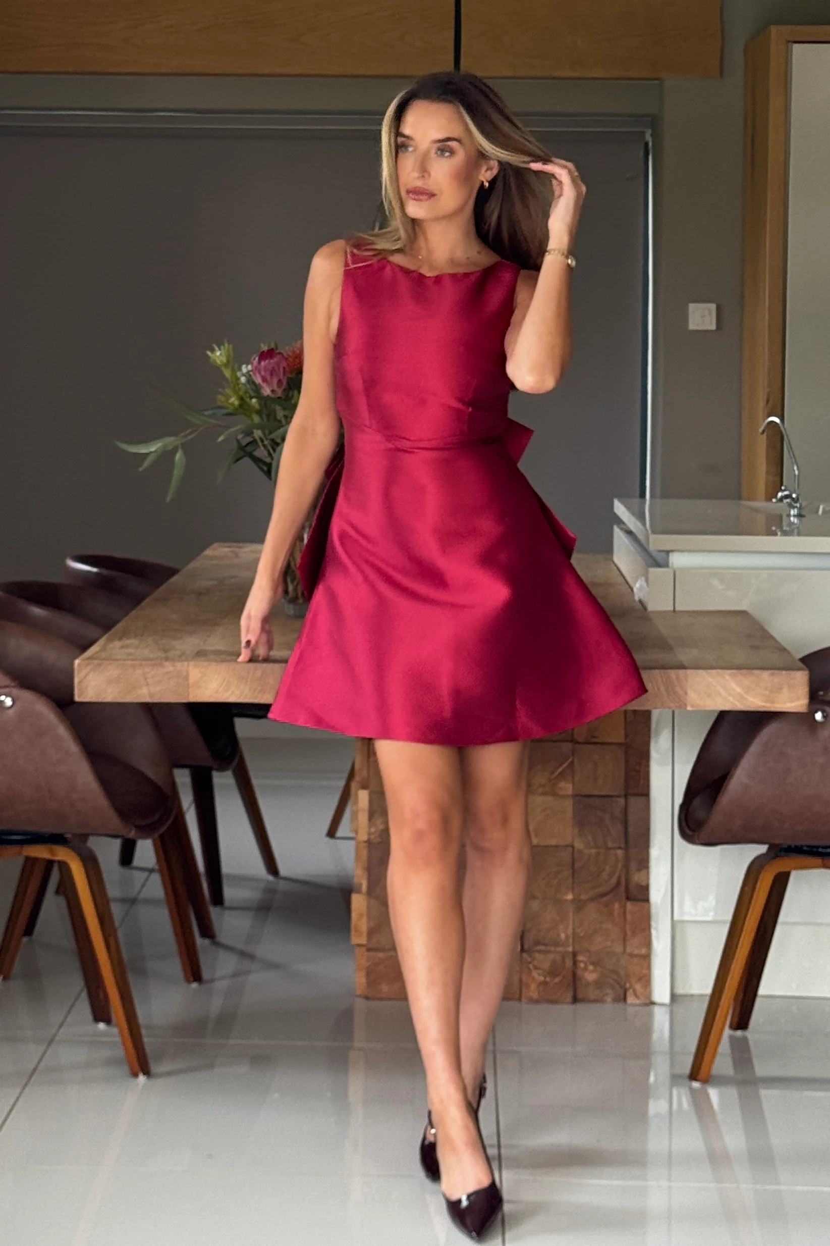 Feyre Bow Detail Sleeves Mini Dress Berry - Image 3