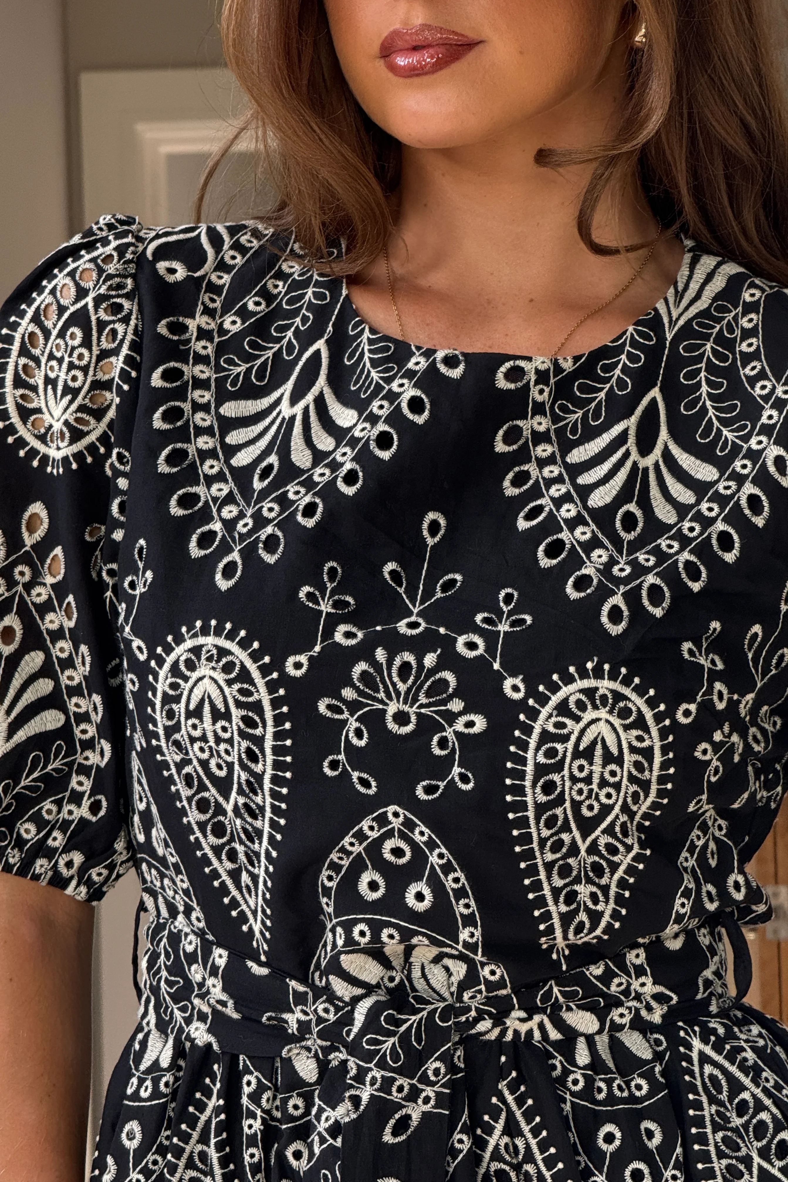 Fia Embroidered Puff Sleeve Tie Waist Mini Dress In Black - Image 4