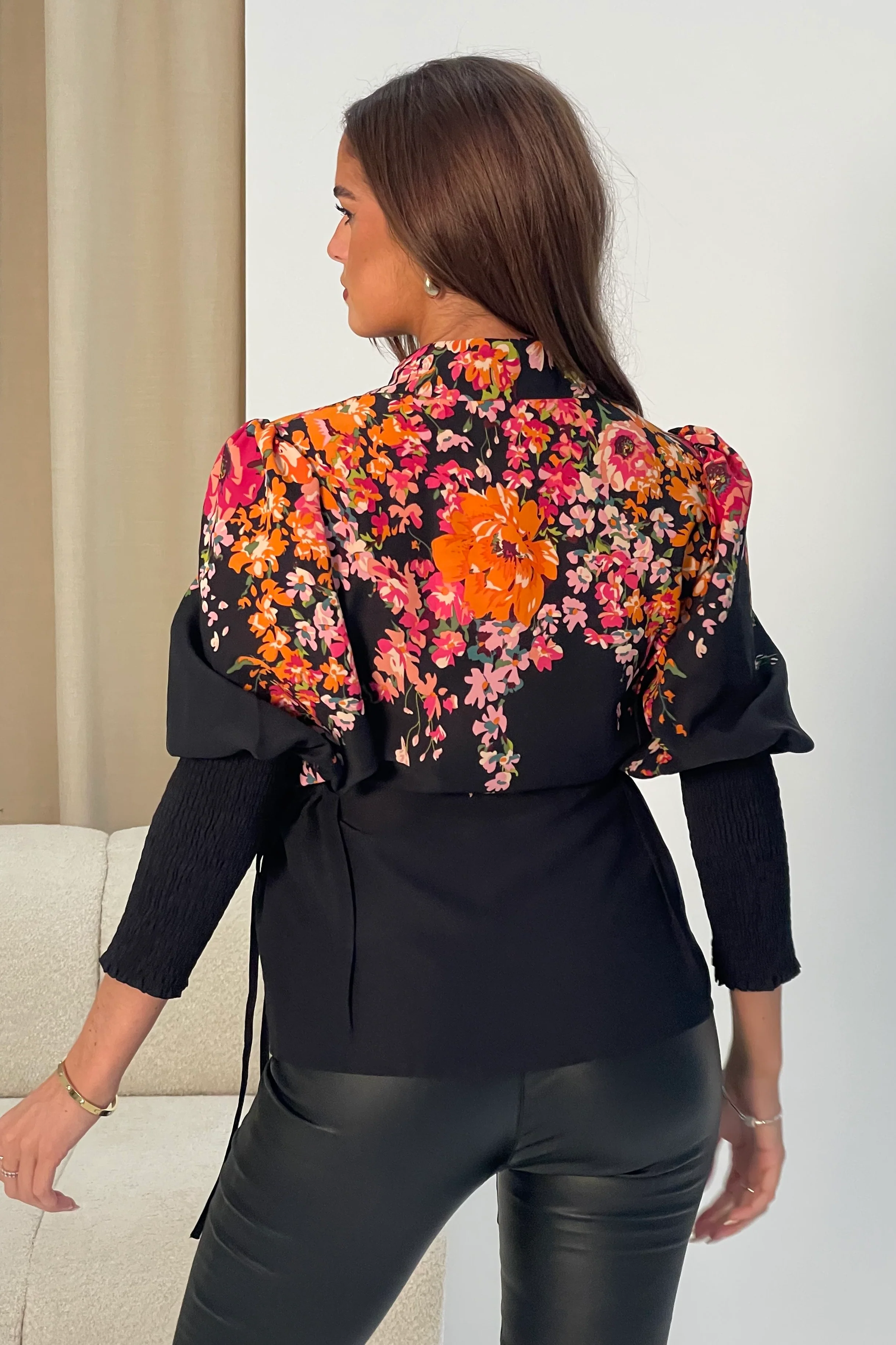 Fie Shirred Sleeve Tie Side Shirt Black Floral - Image 5