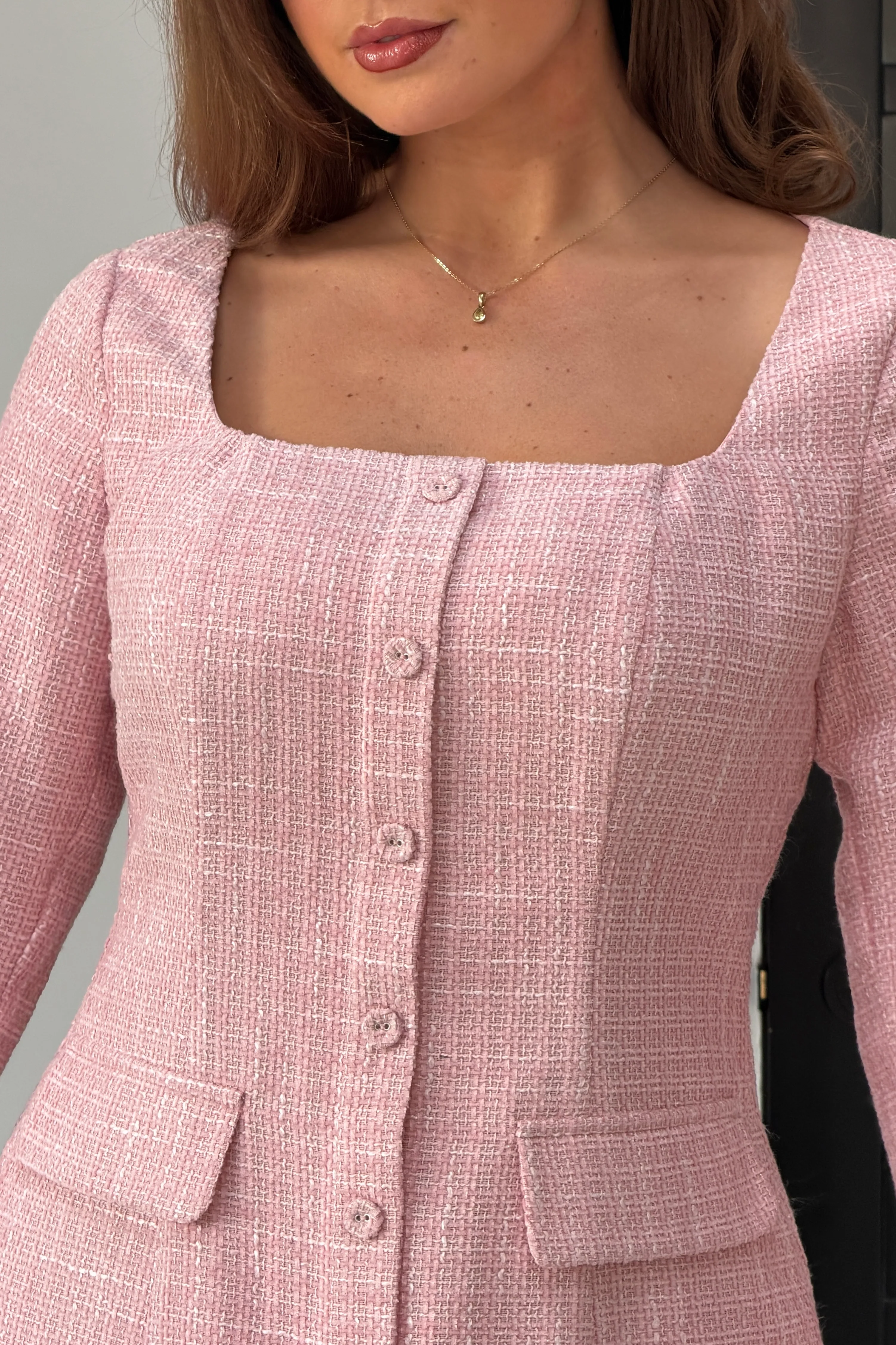 Flora Long Sleeve Tweed Mini Dress Pink - Image 3