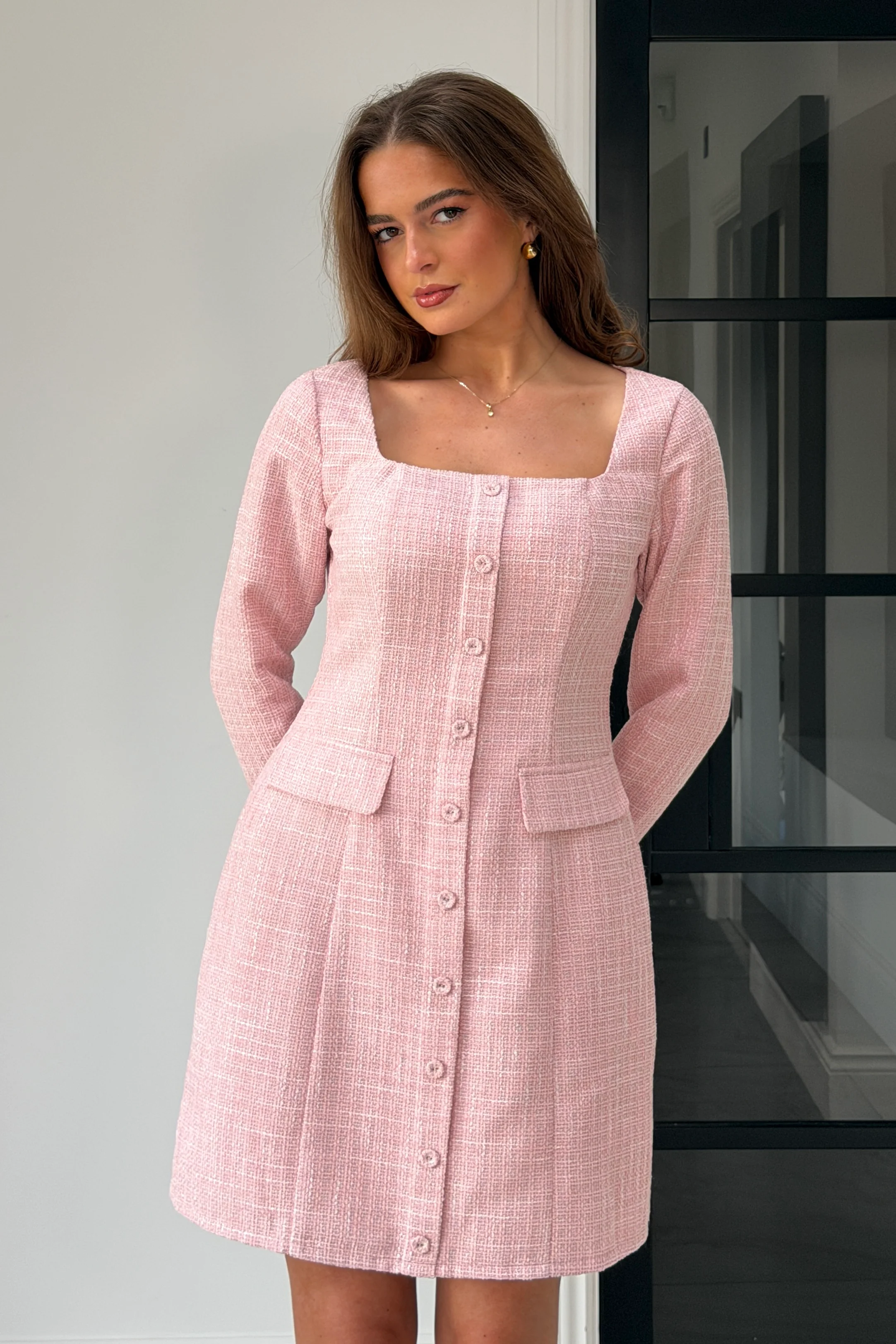 Flora Long Sleeve Tweed Mini Dress Pink - Image 5