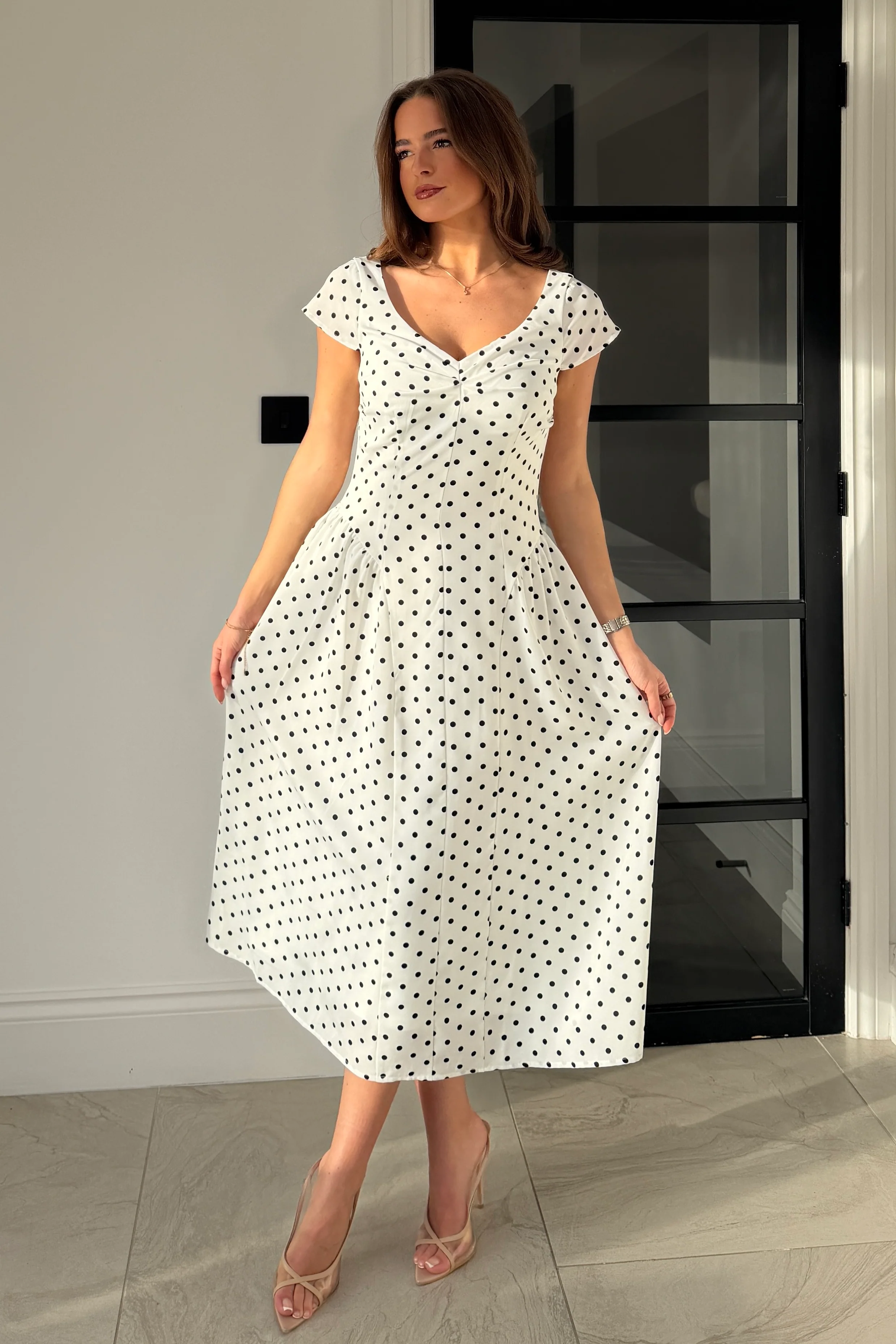 Ebby Pleated Bust Strappy Midi Dress White Spot - Image 4