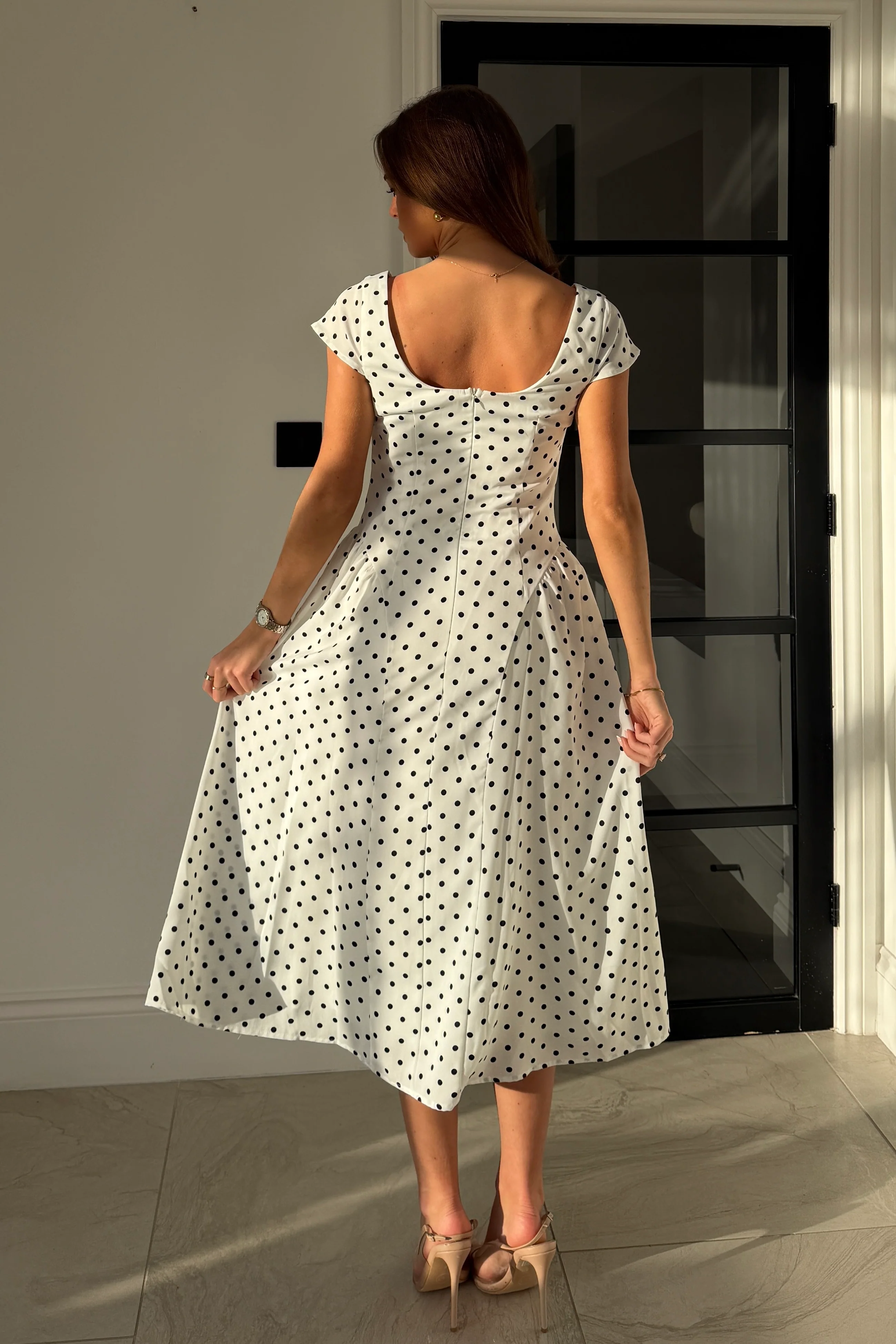 Ebby Pleated Bust Strappy Midi Dress White Spot - Image 6
