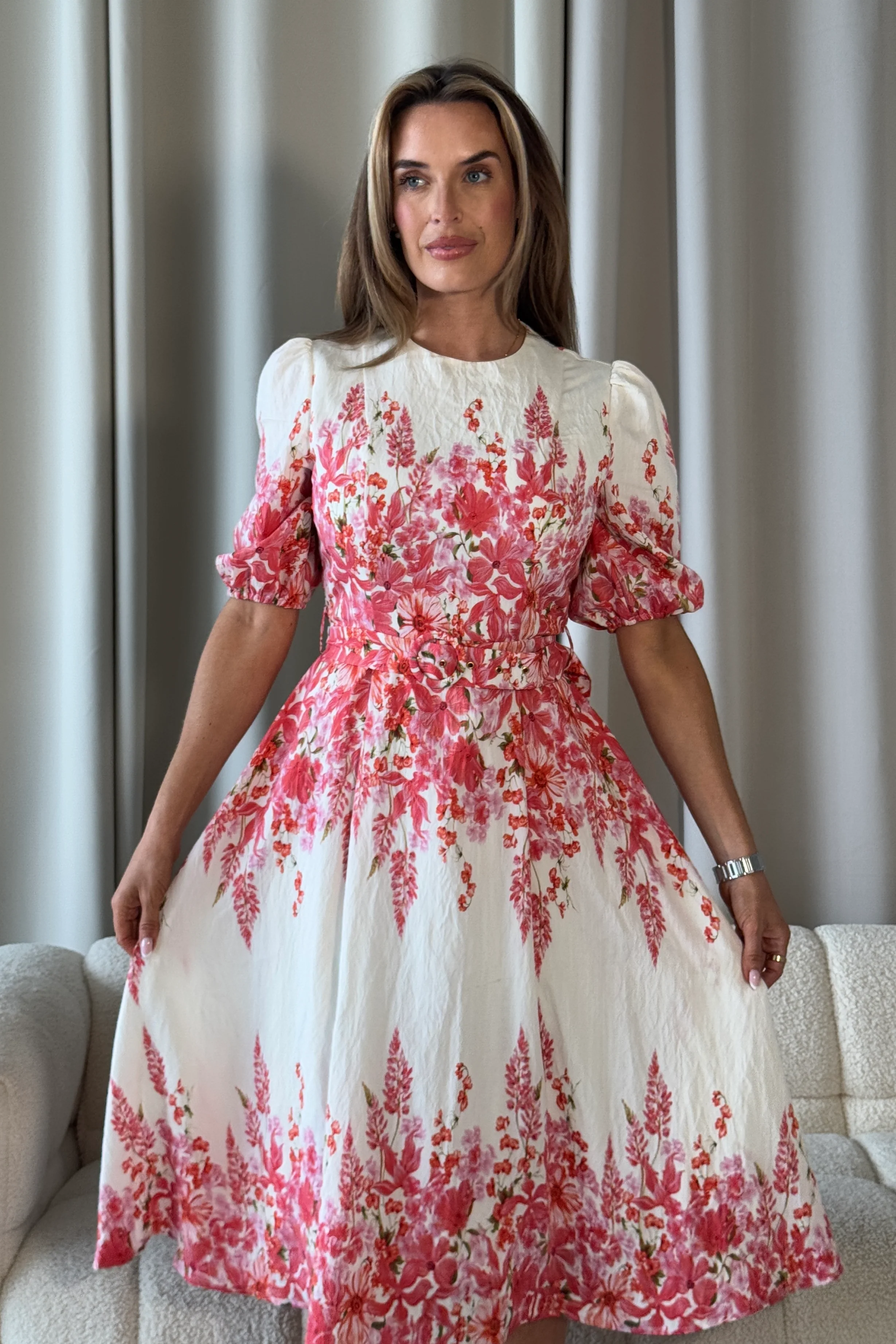 Foster Round Neck Puff Sleeve Midi Dress Pink Floral - Image 3