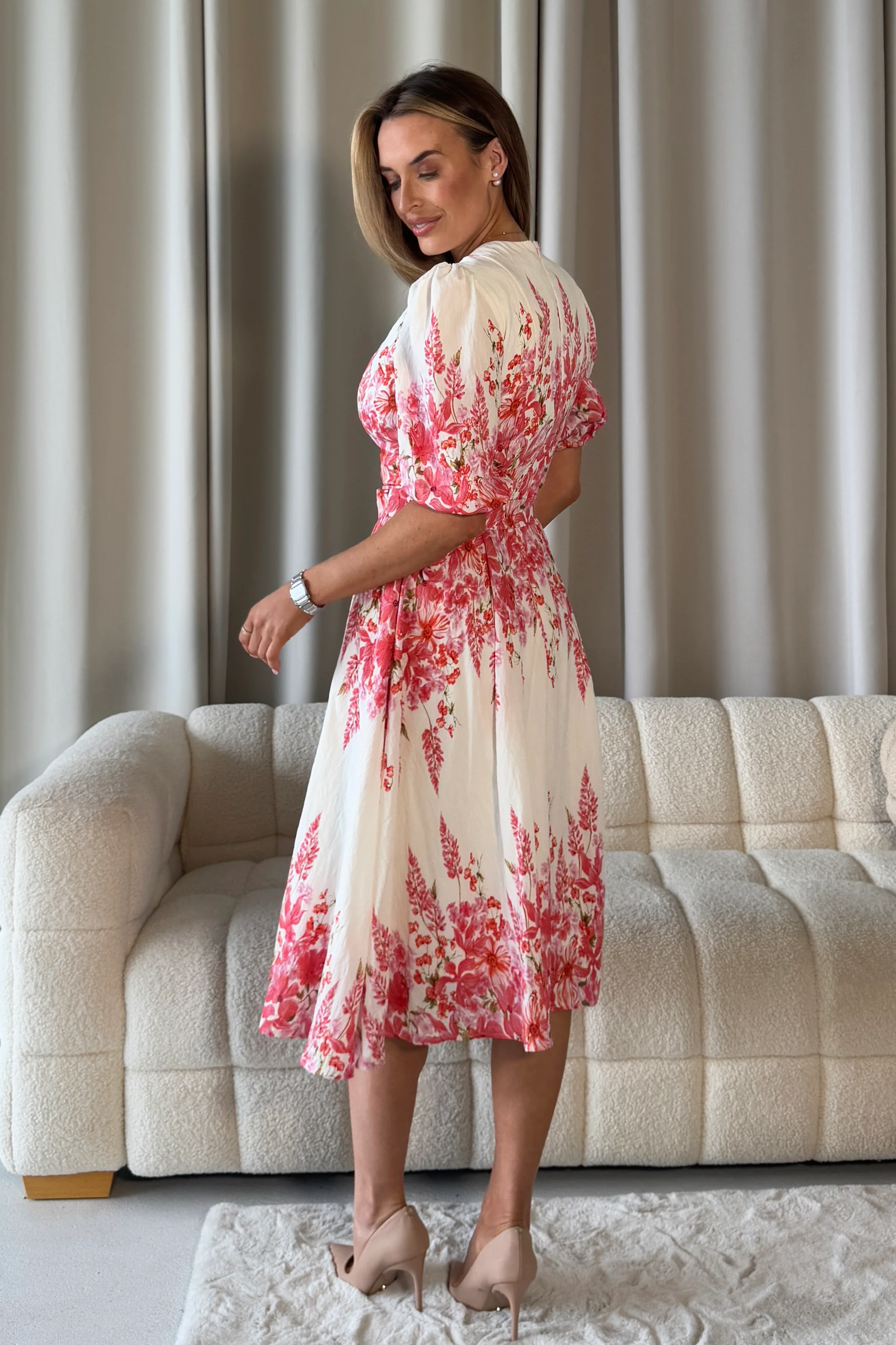 Foster Round Neck Puff Sleeve Midi Dress Pink Floral - Image 6