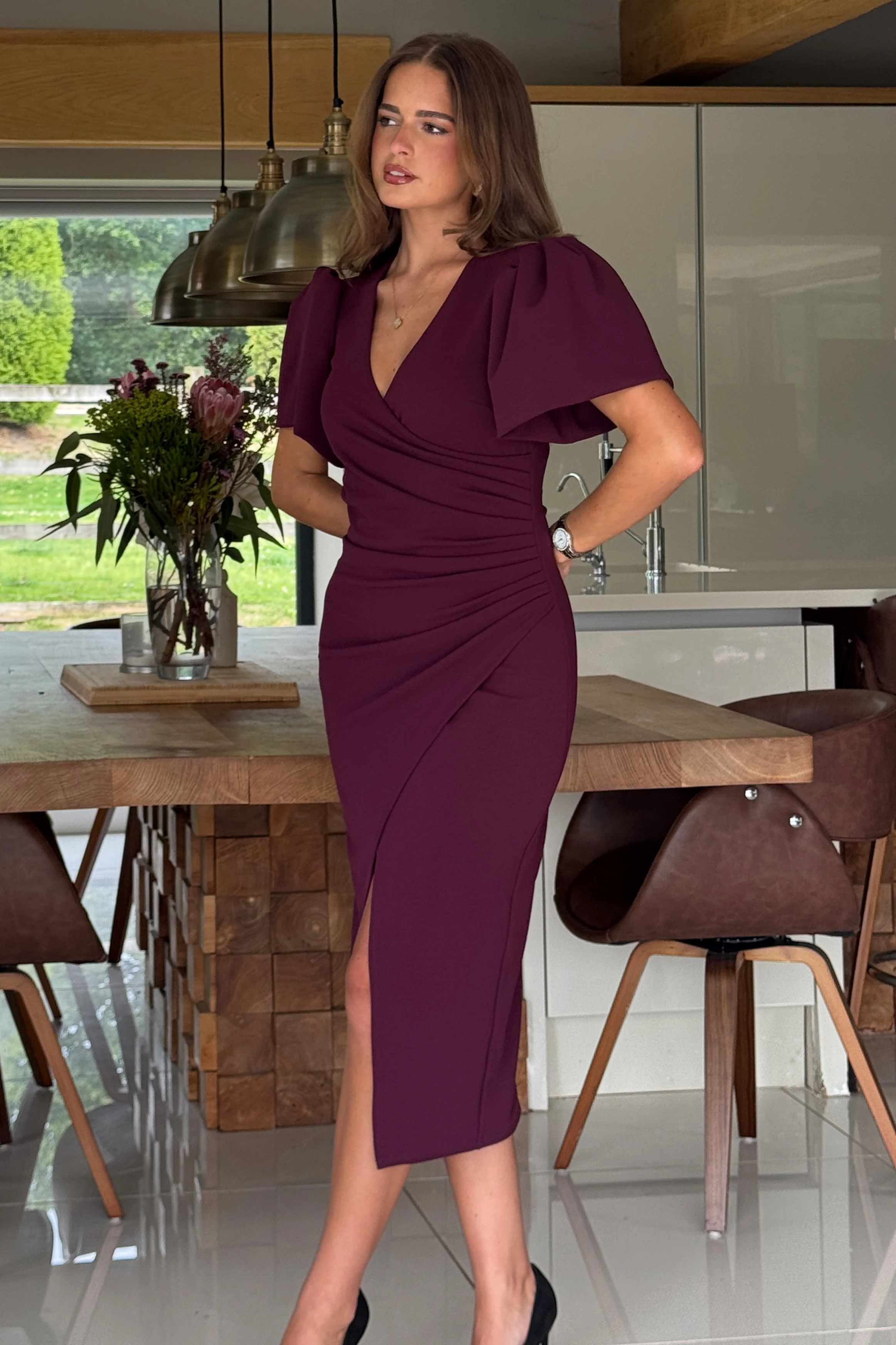 Freya Puff Sleeve Wrap Neck Ruched Midi Plum - Image 4