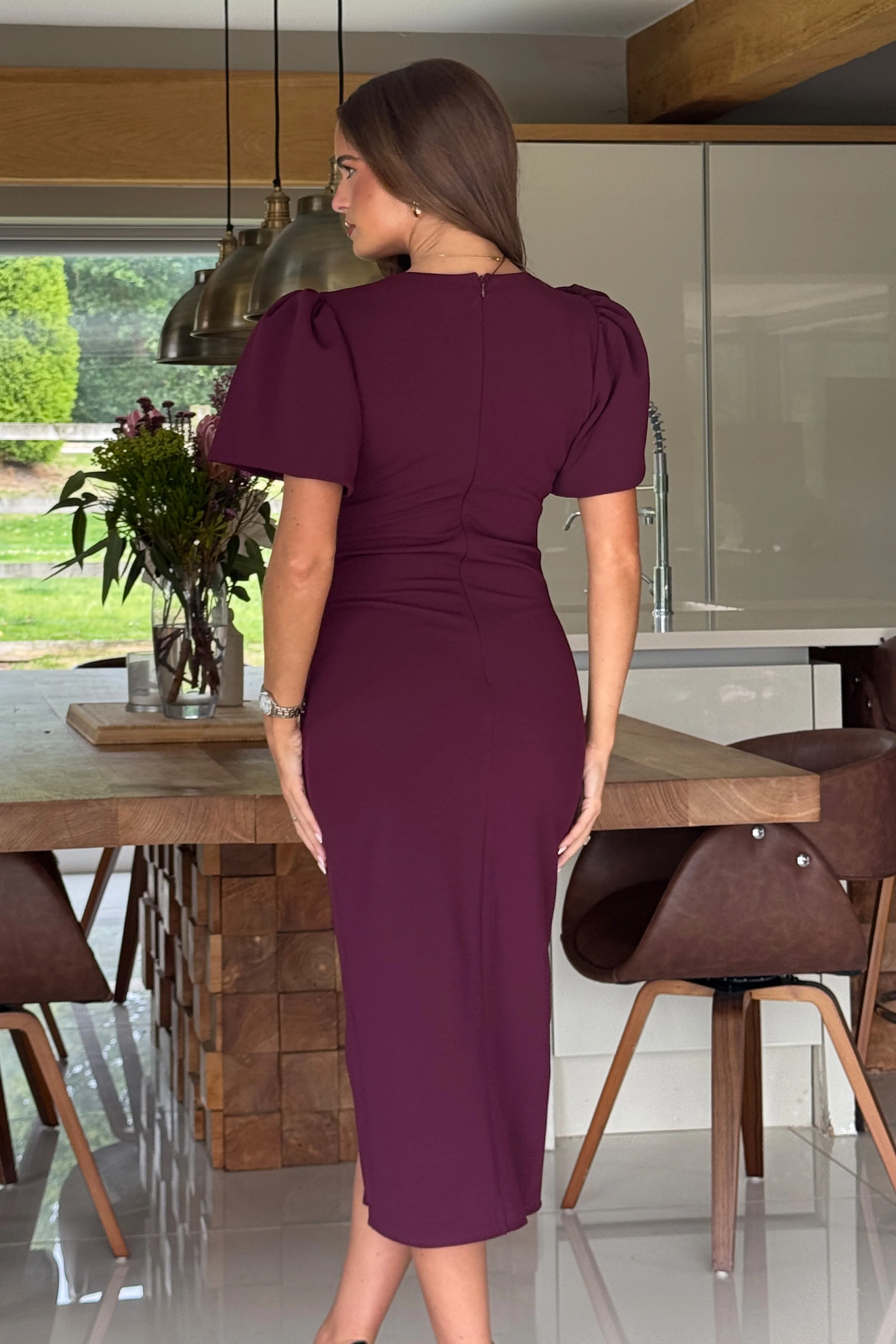 Freya Puff Sleeve Wrap Neck Ruched Midi Plum - Image 5