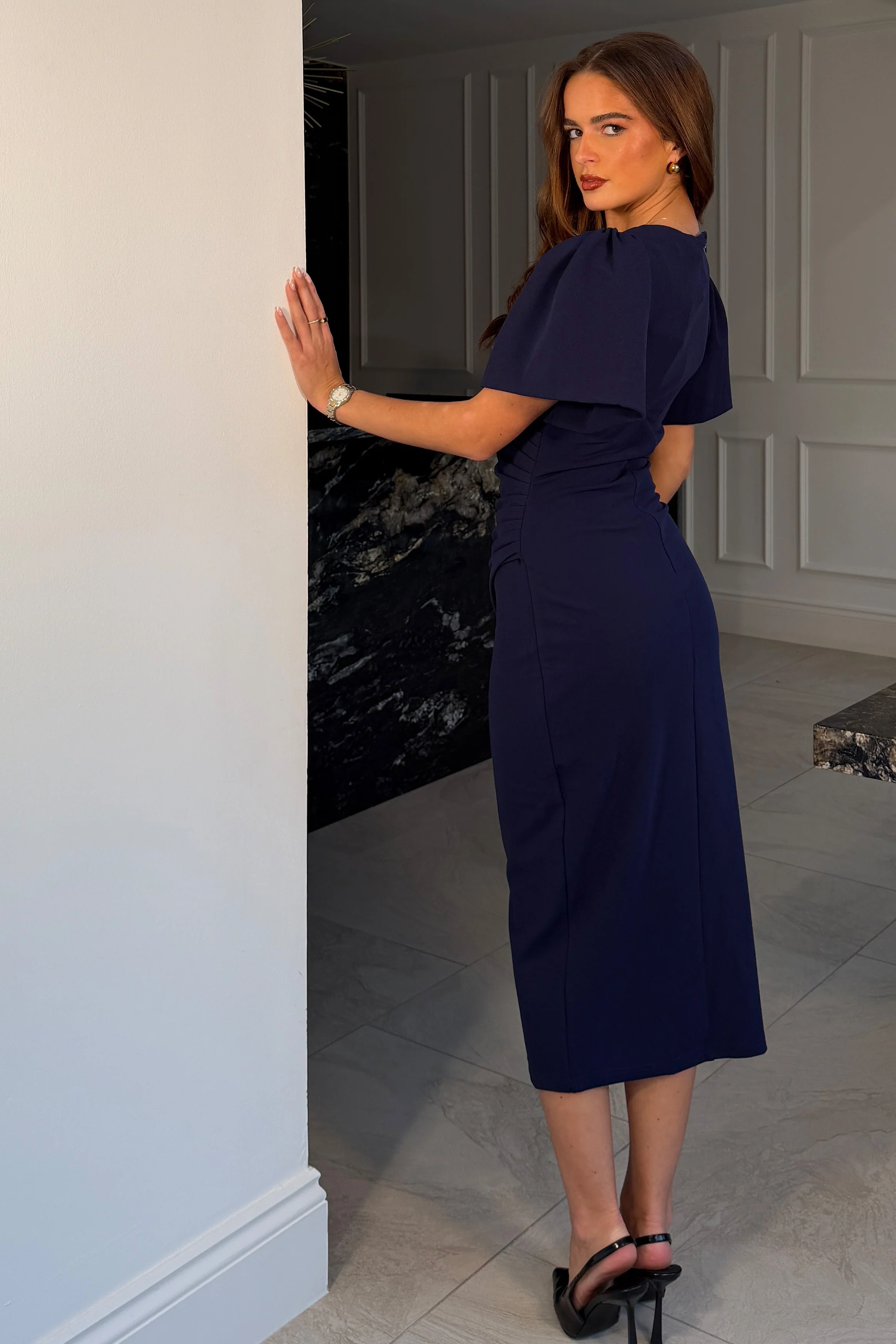 Freya Puff Sleeve Wrap Neck Ruched Midi Navy - Image 6