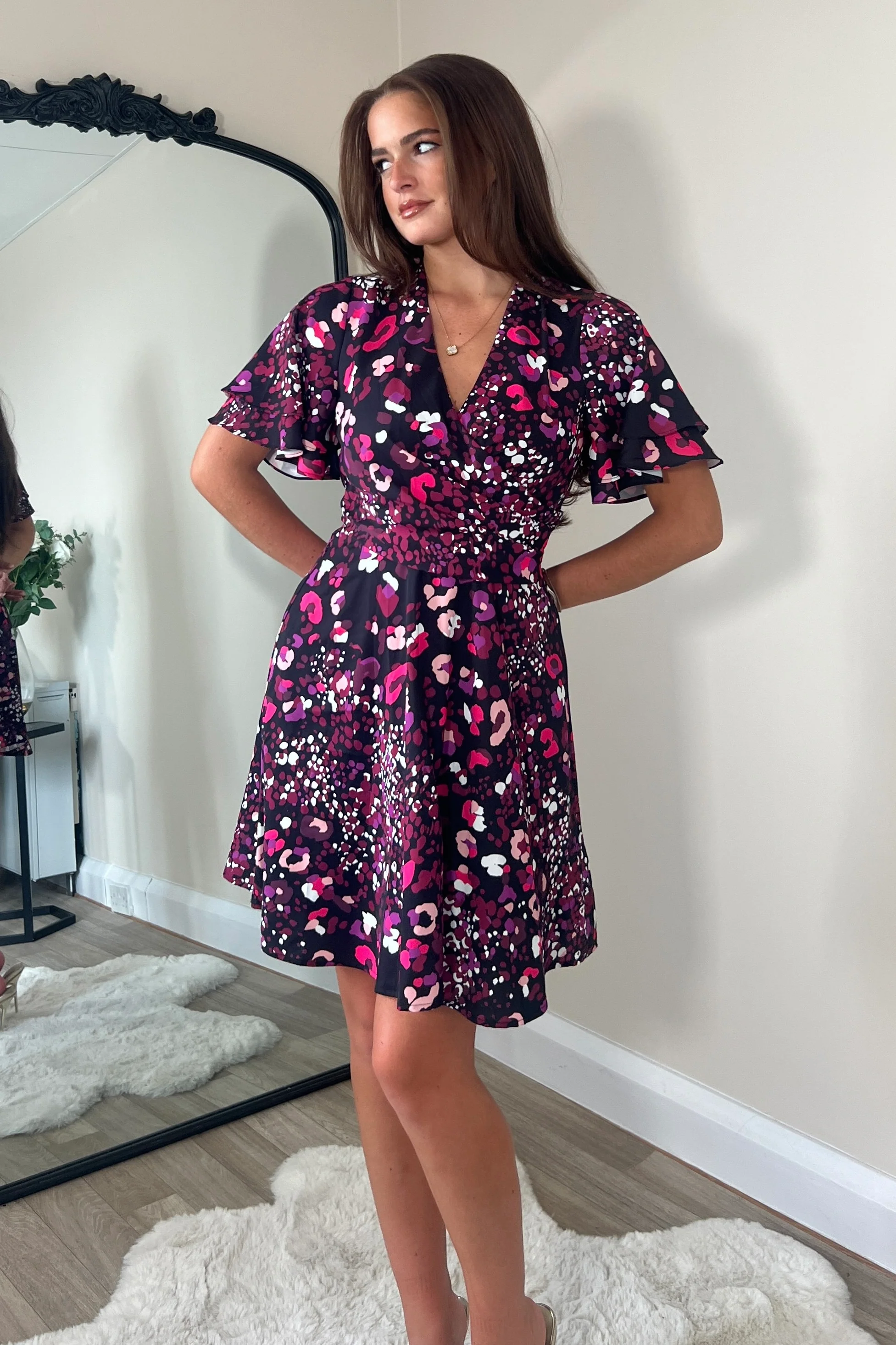 Gigi Angel Sleeve Wrap Front Mini Dress Purple Animal