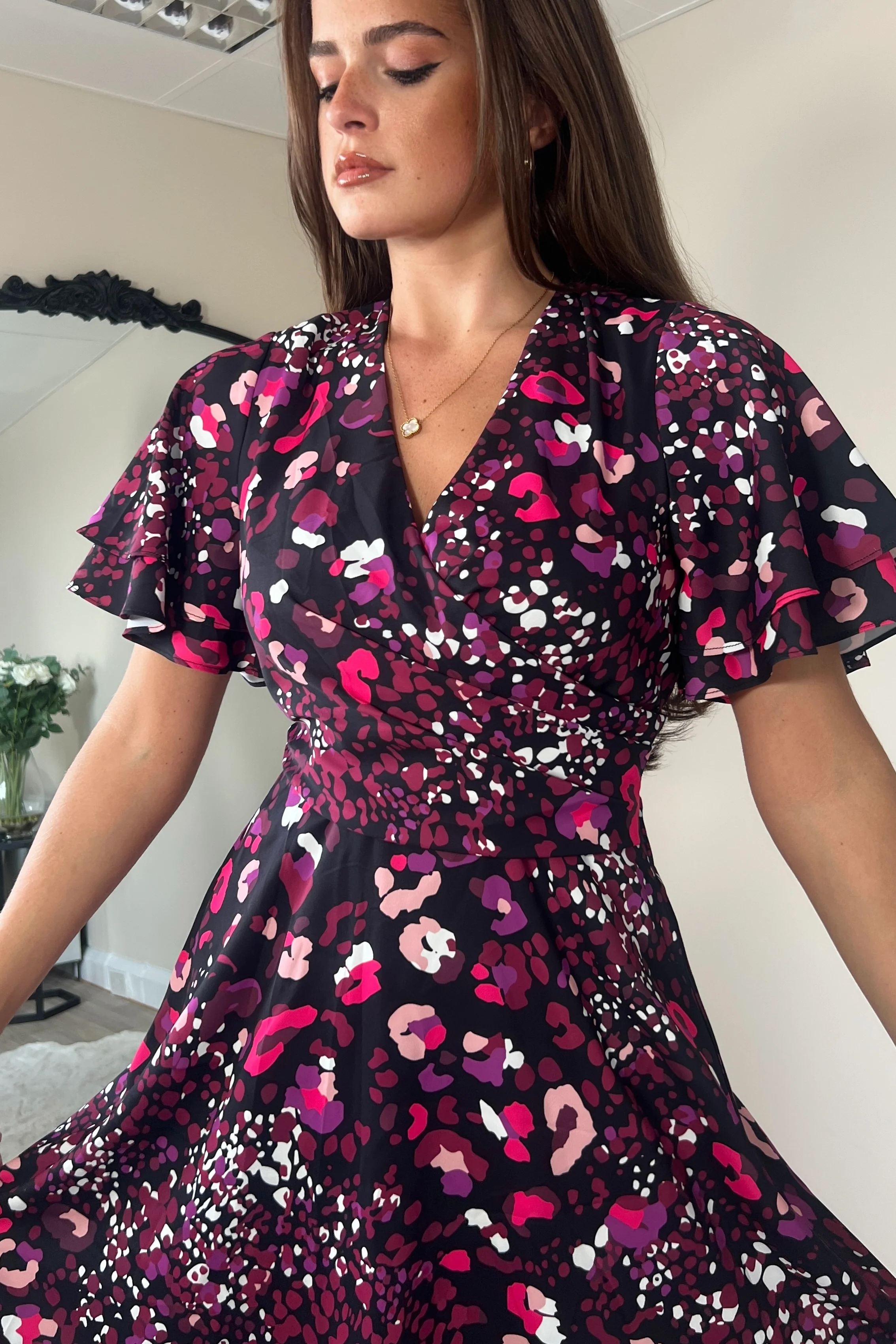 Gigi Angel Sleeve Wrap Front Mini Dress Purple Animal - Image 2