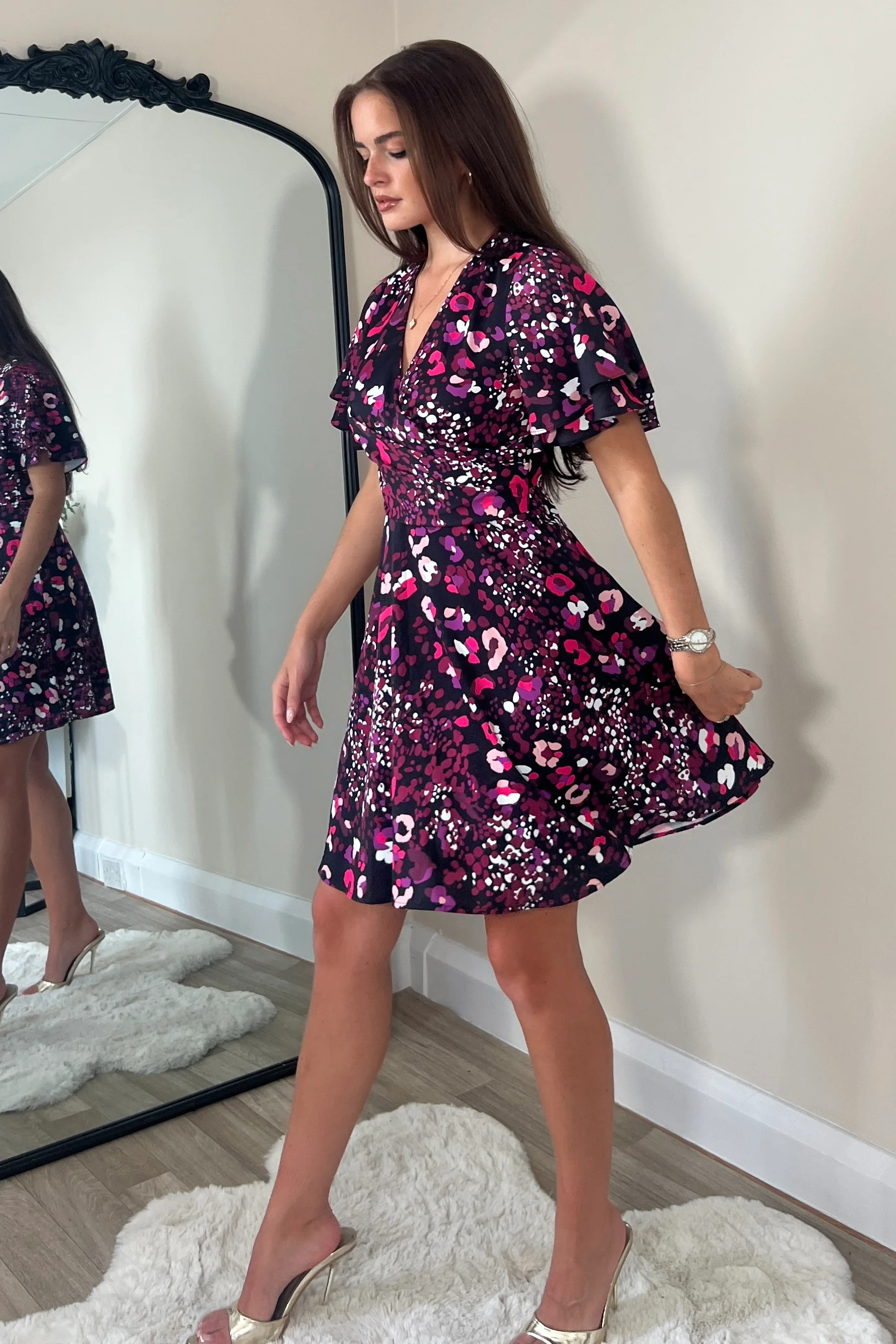 Gigi Angel Sleeve Wrap Front Mini Dress Purple Animal - Image 3
