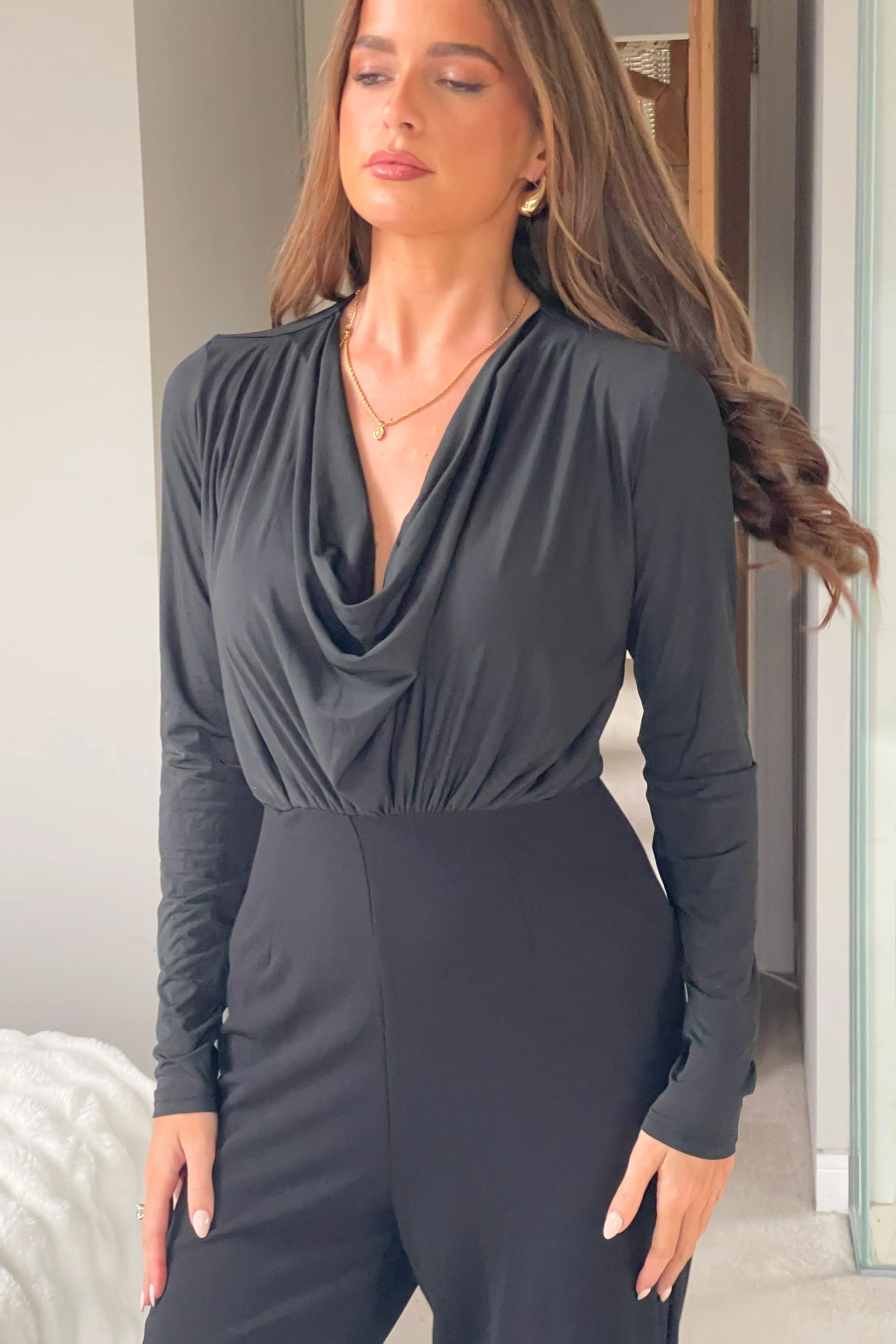 Giselle Cowl Neck Long Sleeve Jumpsuit In Black - Image 2