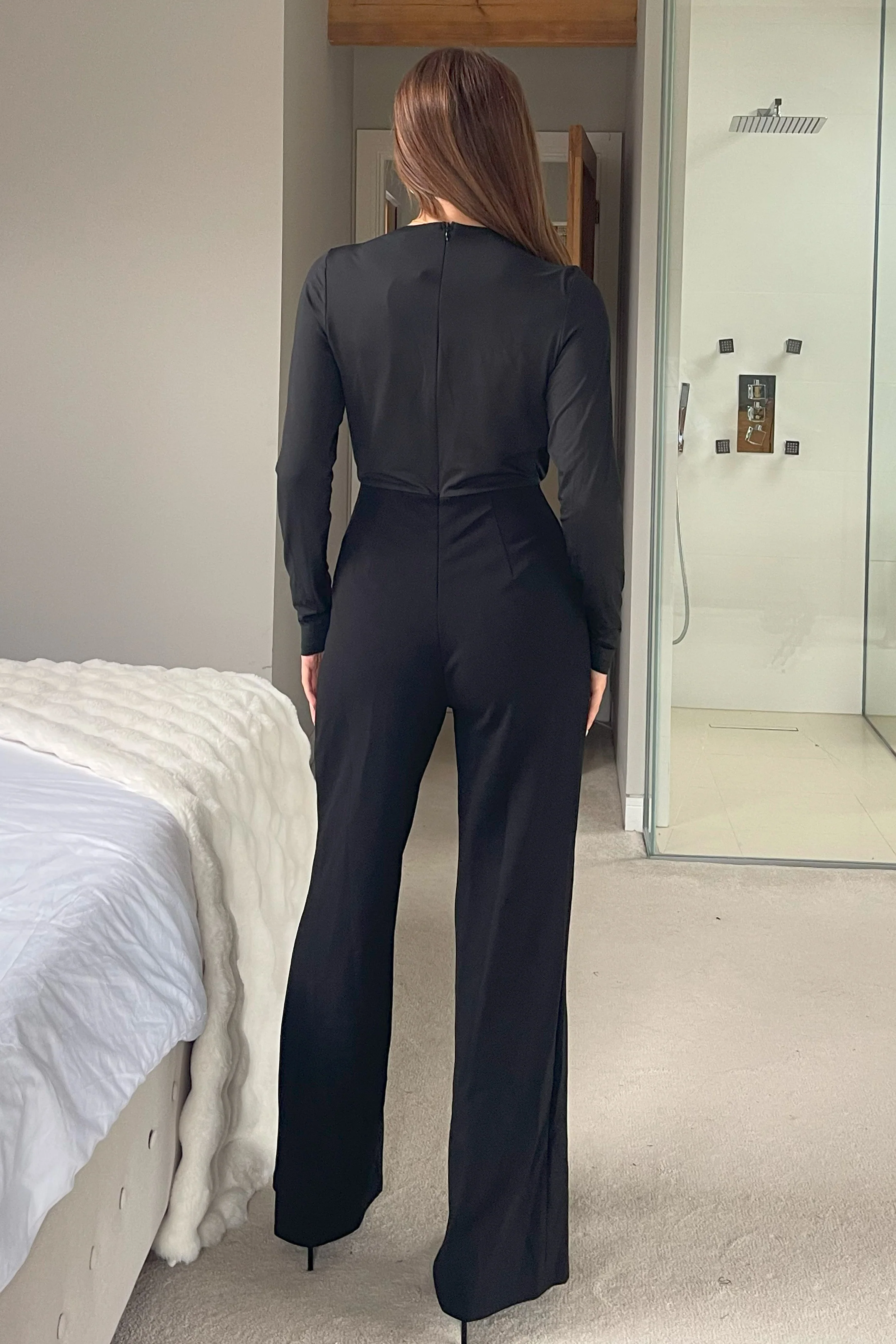 Giselle Cowl Neck Long Sleeve Jumpsuit In Black - Image 4