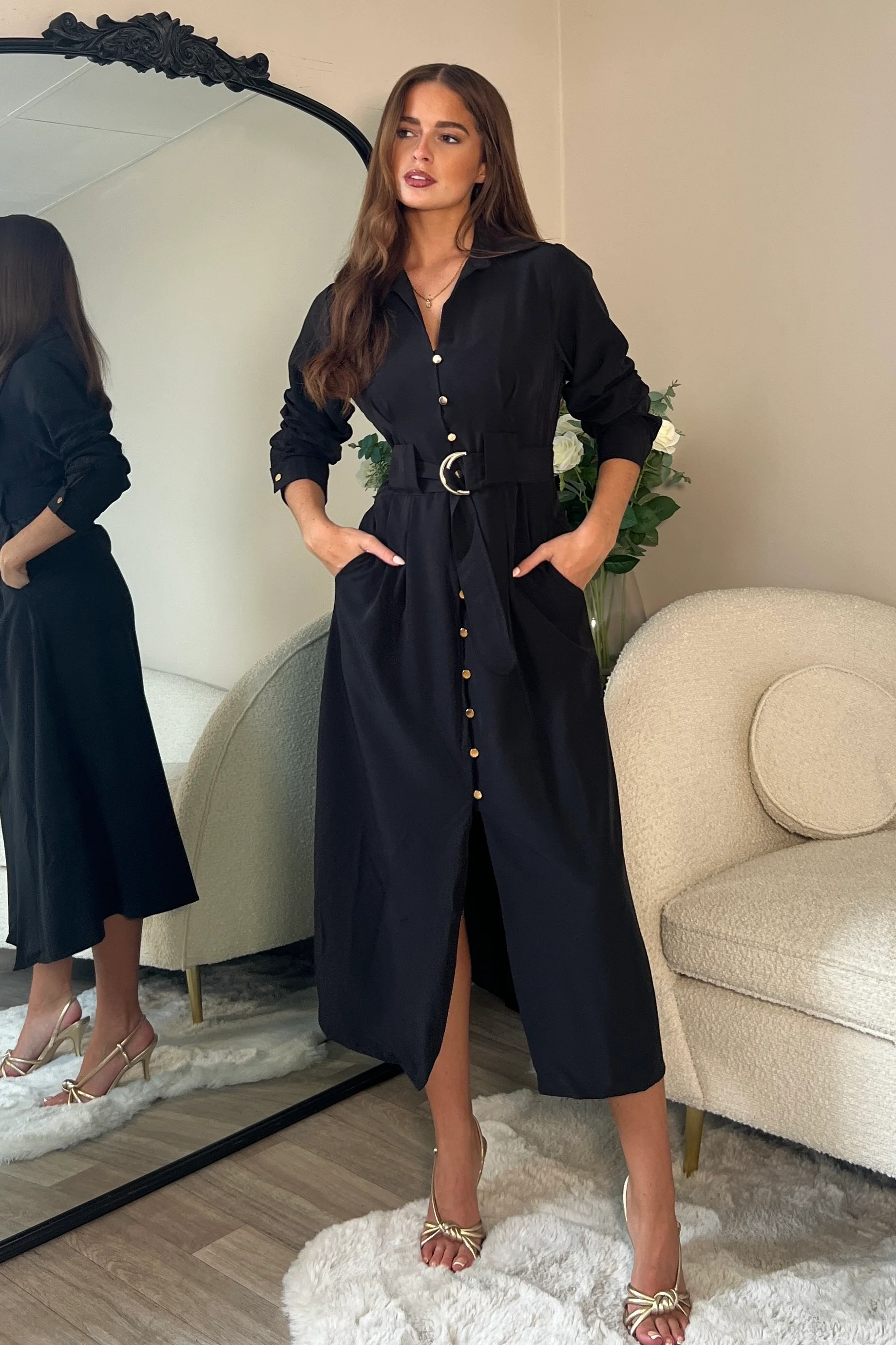 Grace Buckle Detail Black Midi Shirt Dress - Image 3