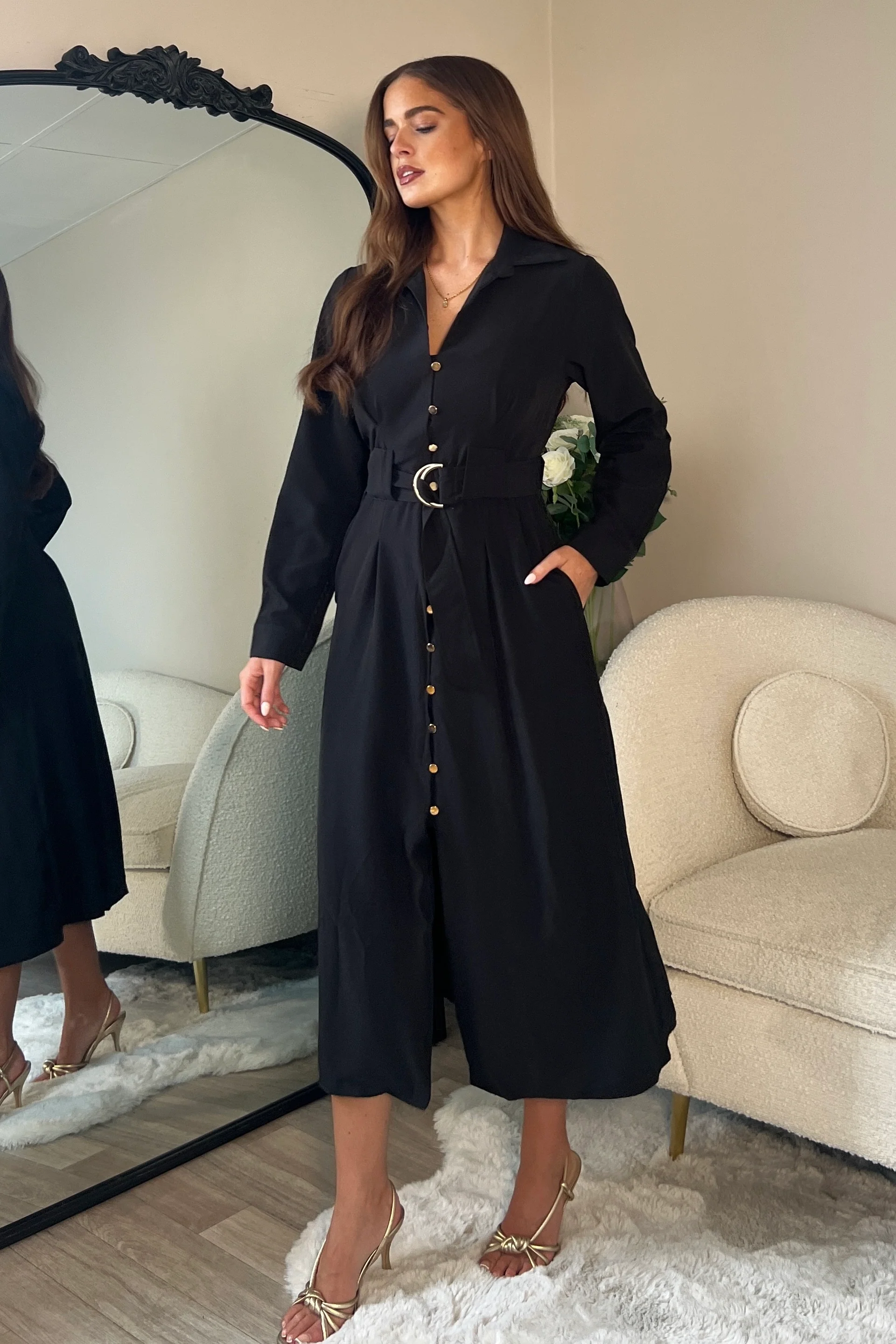 Grace Buckle Detail Black Midi Shirt Dress - Image 4