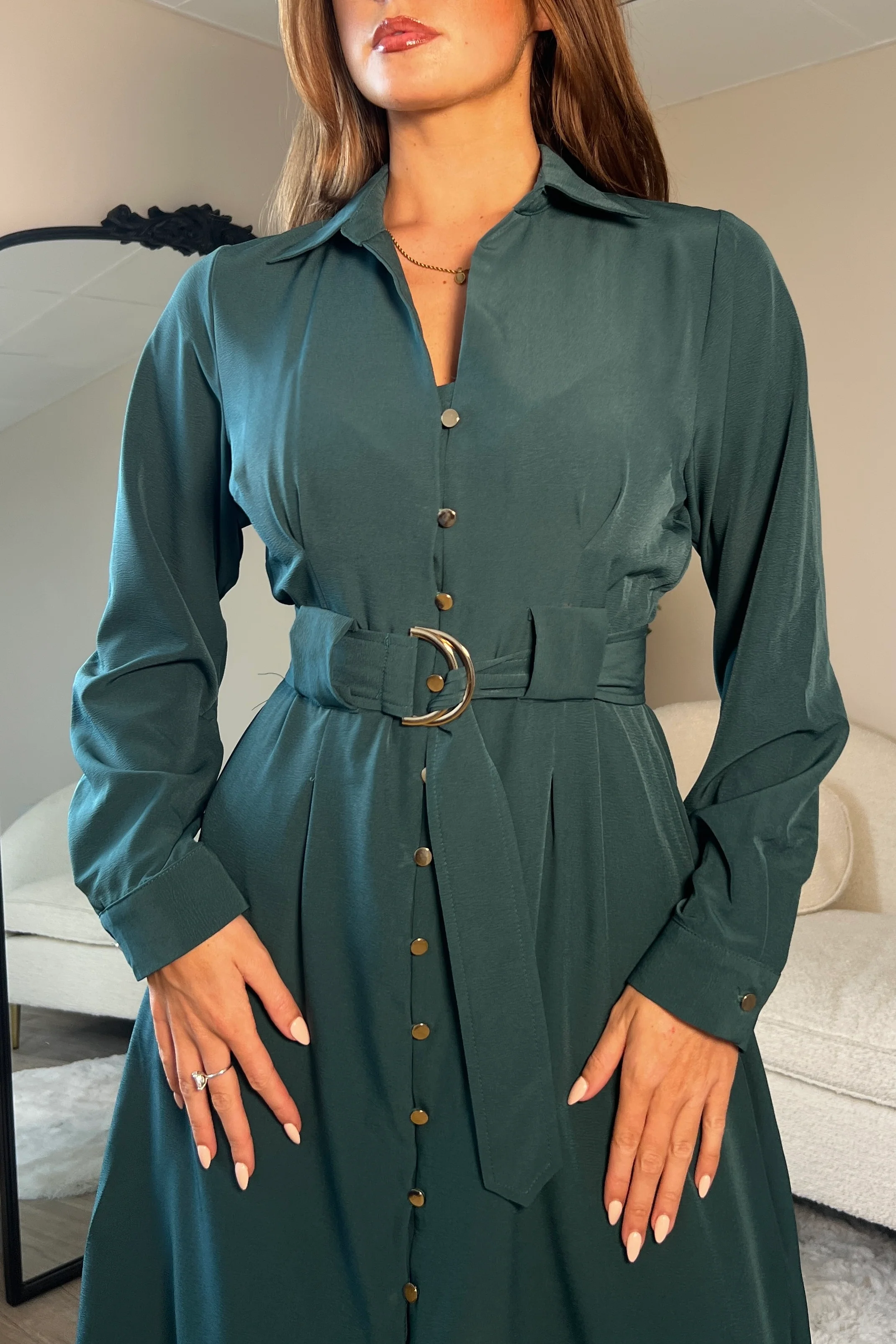 Grace Buckle Detail Emerald Midi Shirt Dress - Image 2
