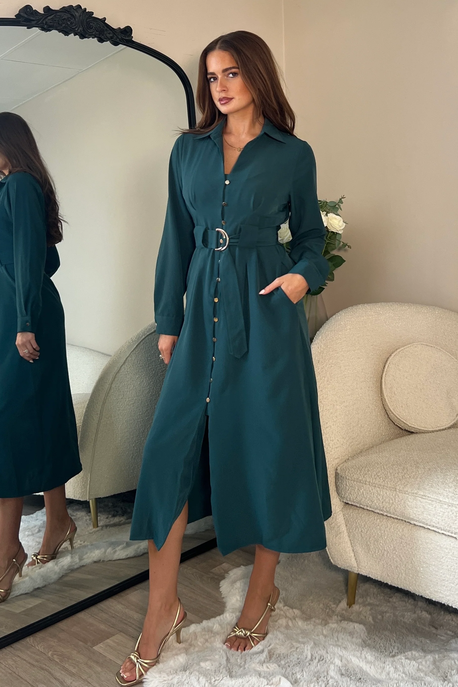 Grace Buckle Detail Emerald Midi Shirt Dress - Image 3