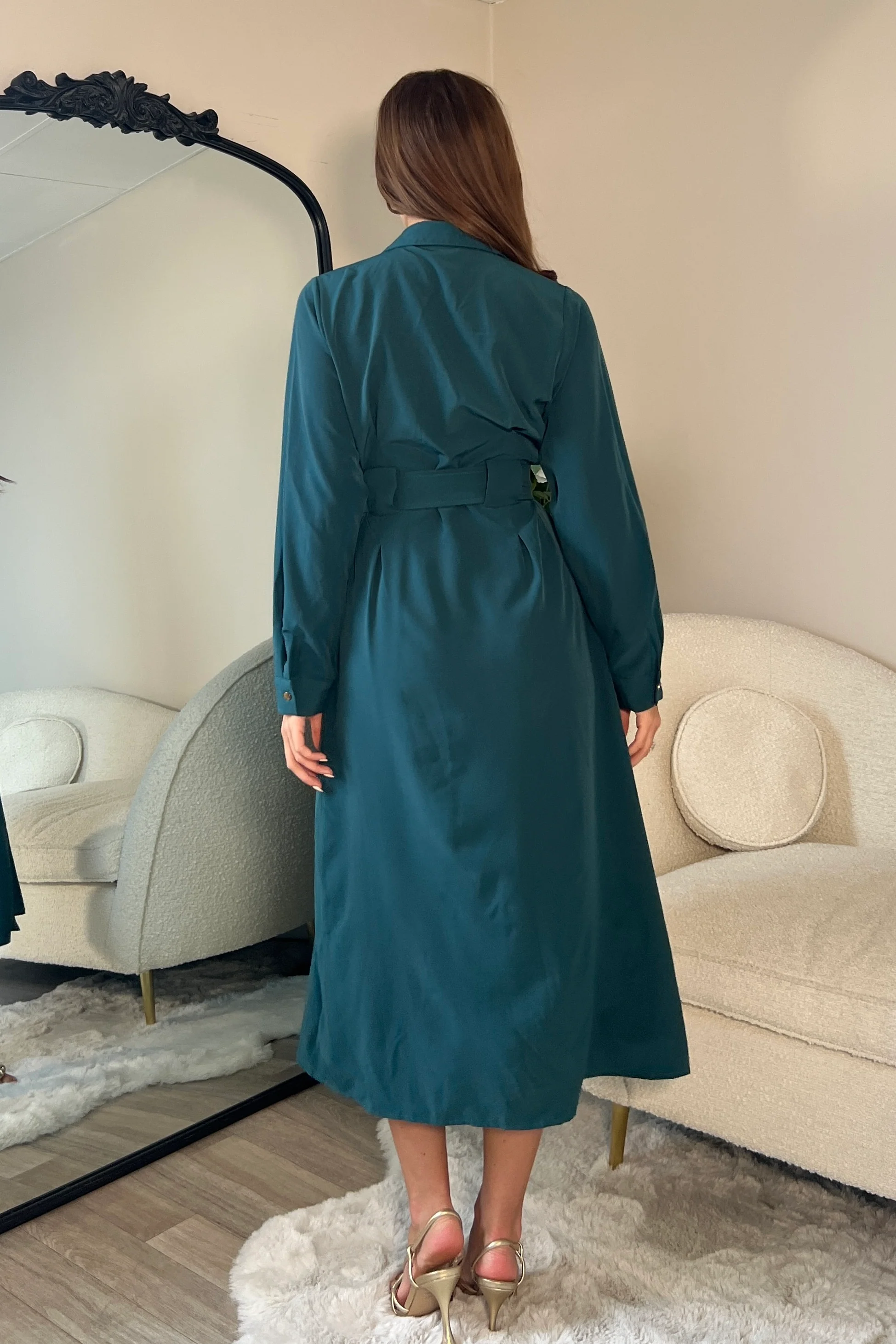 Grace Buckle Detail Emerald Midi Shirt Dress - Image 4