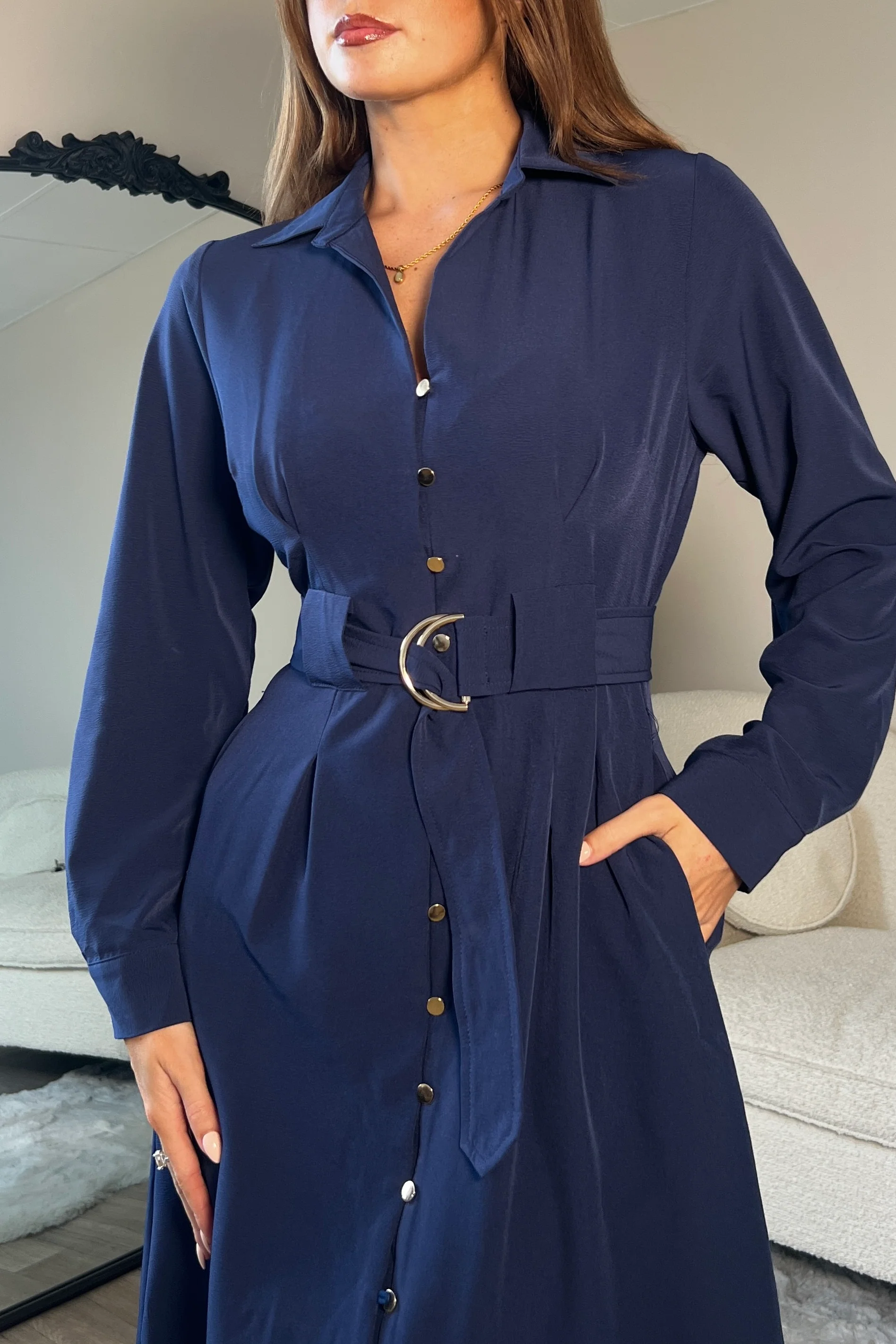 Grace Buckle Detail Navy Midi Shirt Dress - Image 2