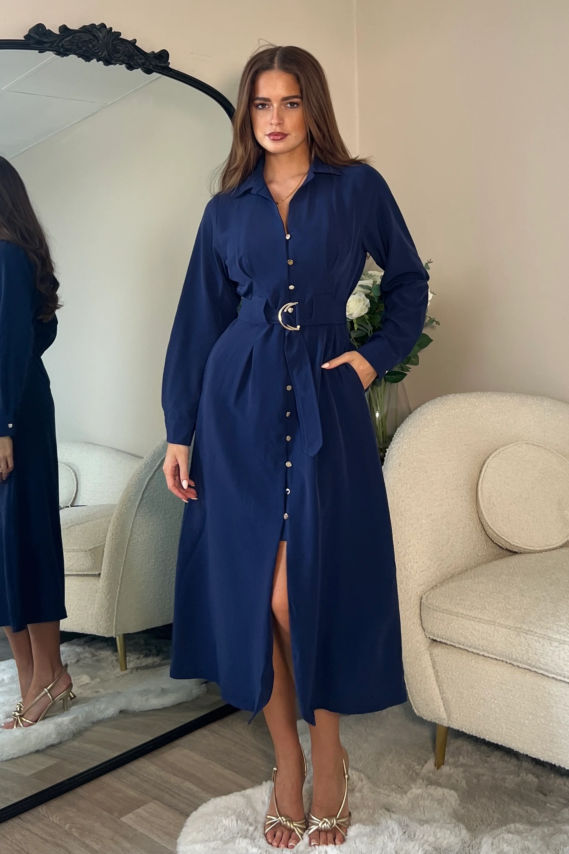 Grace Buckle Detail Navy Midi Shirt Dress - Image 3