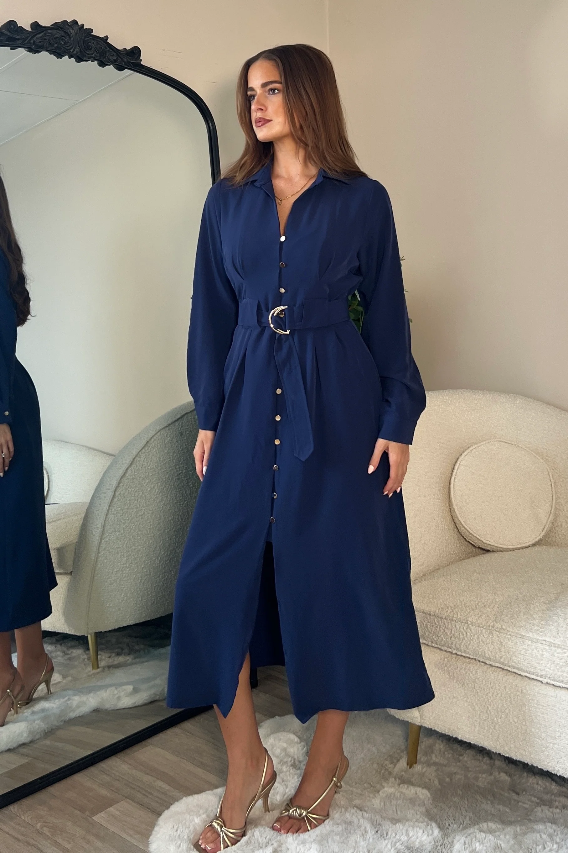 Grace Buckle Detail Navy Midi Shirt Dress - Image 4