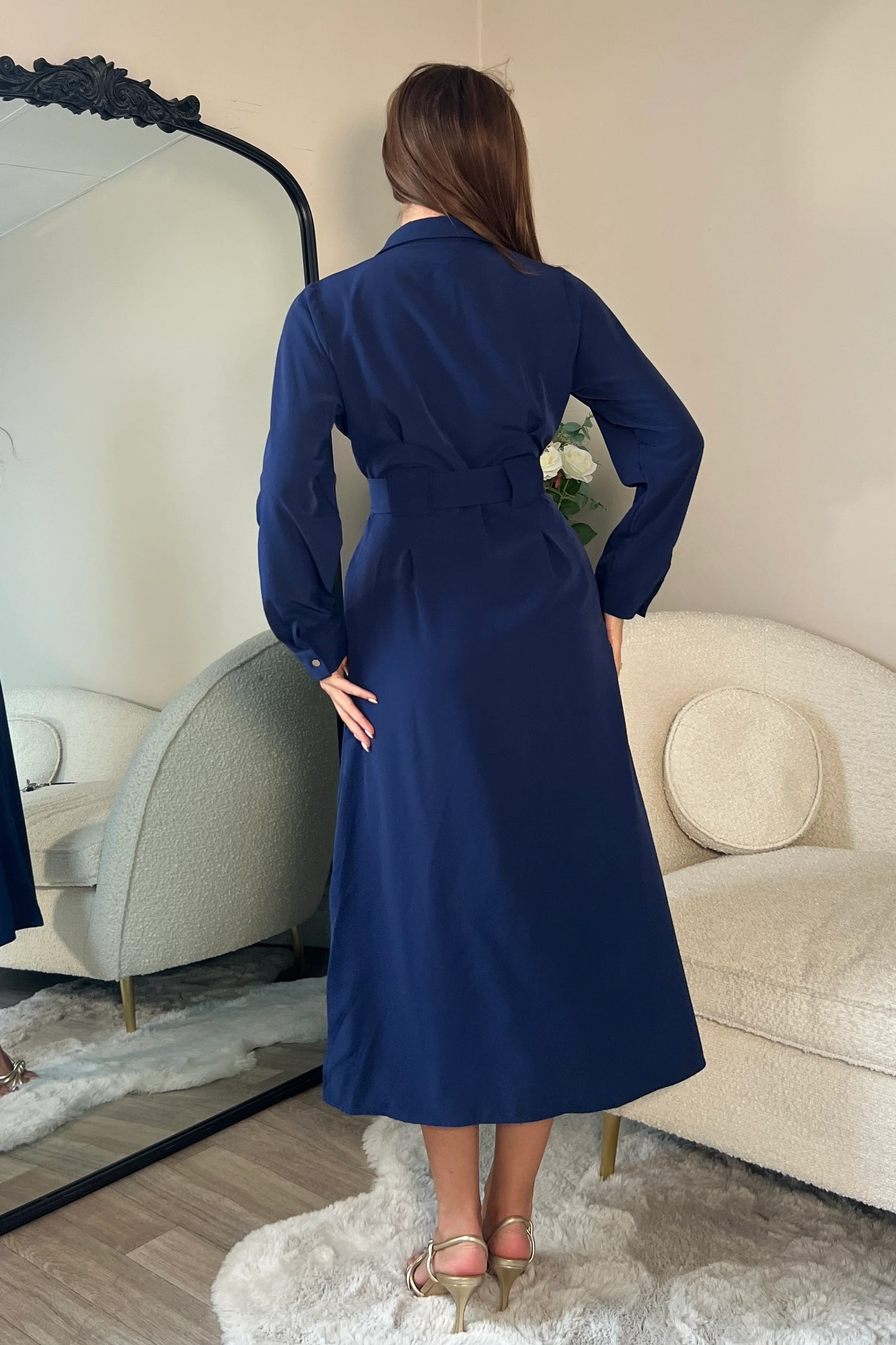 Grace Buckle Detail Navy Midi Shirt Dress - Image 5
