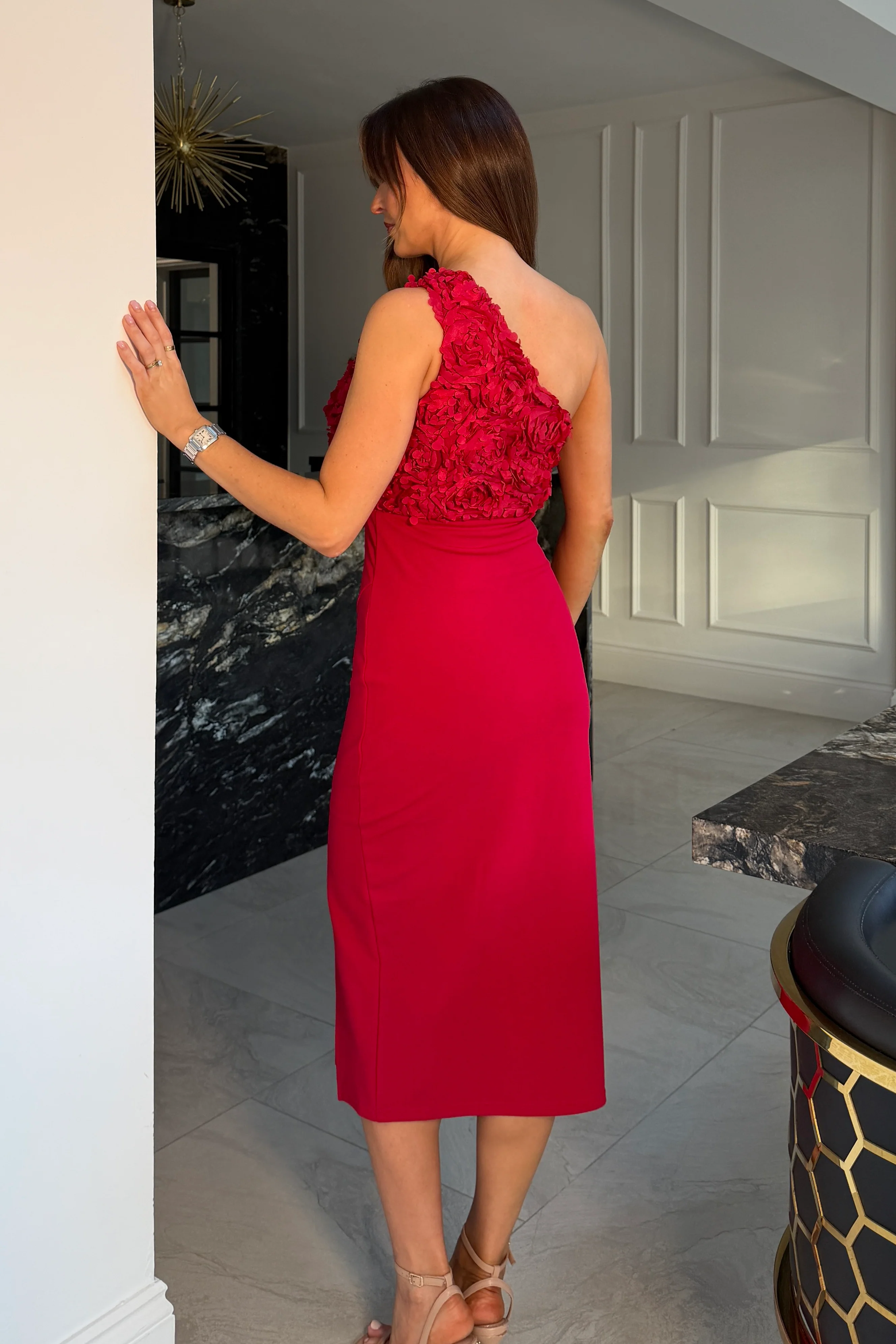 Gwyneth 3D Floral One Shoulder Midi Dress Red - Image 4