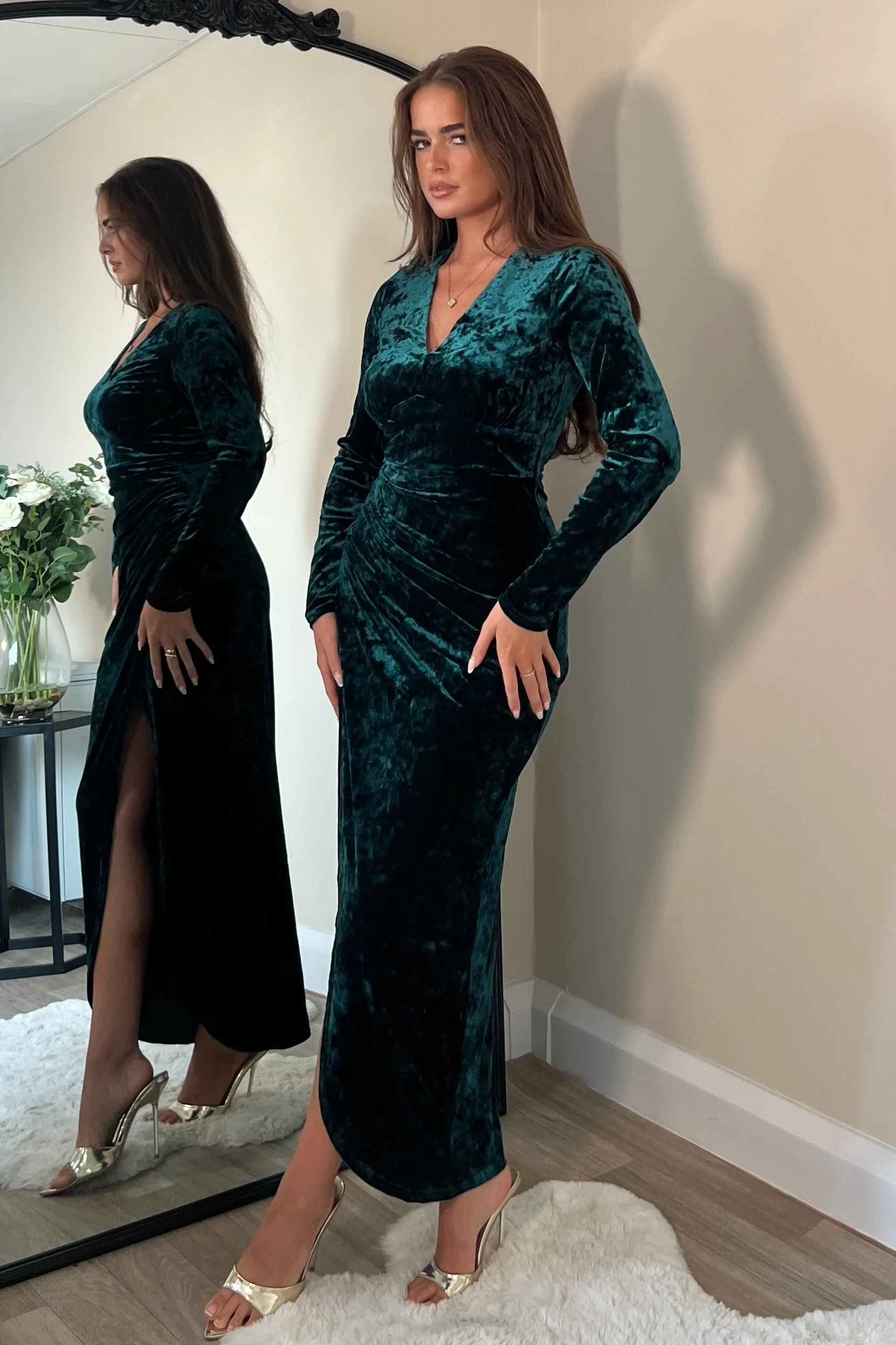 Hailey Green Velvet Asymmetric Wrap Midi Dress - Image 3