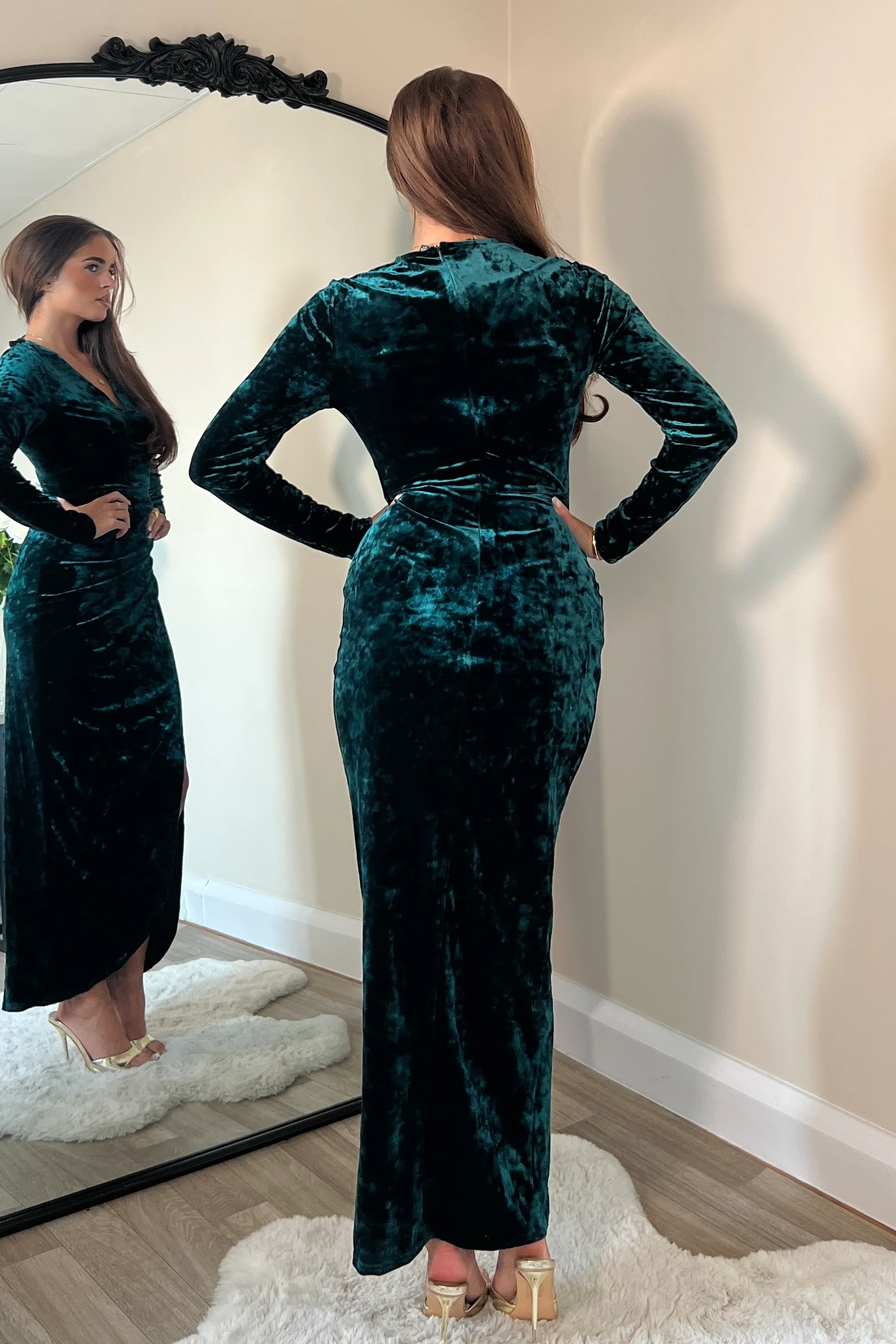 Hailey Green Velvet Asymmetric Wrap Midi Dress - Image 4