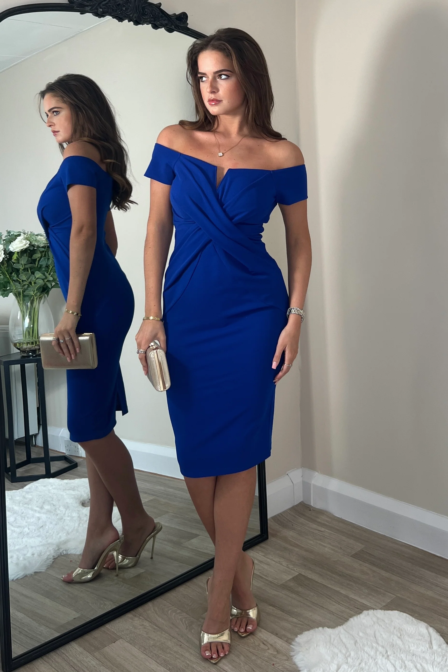 Halo Off The Shoulder Twist Detail Midi Dress Cobalt - Image 3