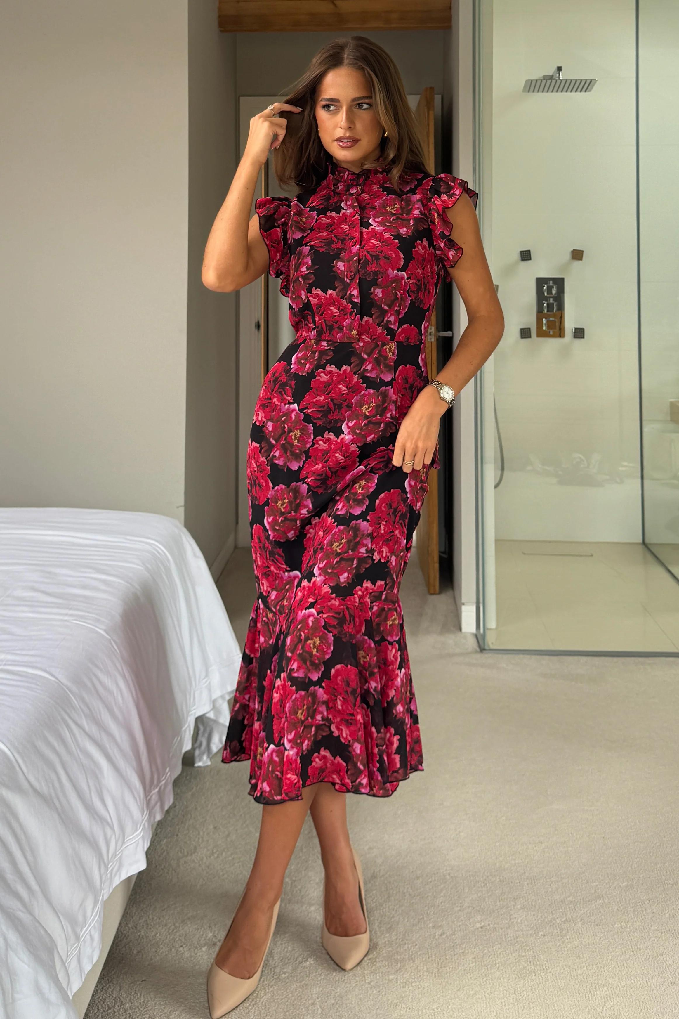 Hannah Frill Sleeve Button Front Midi Dress Black Floral - Image 3